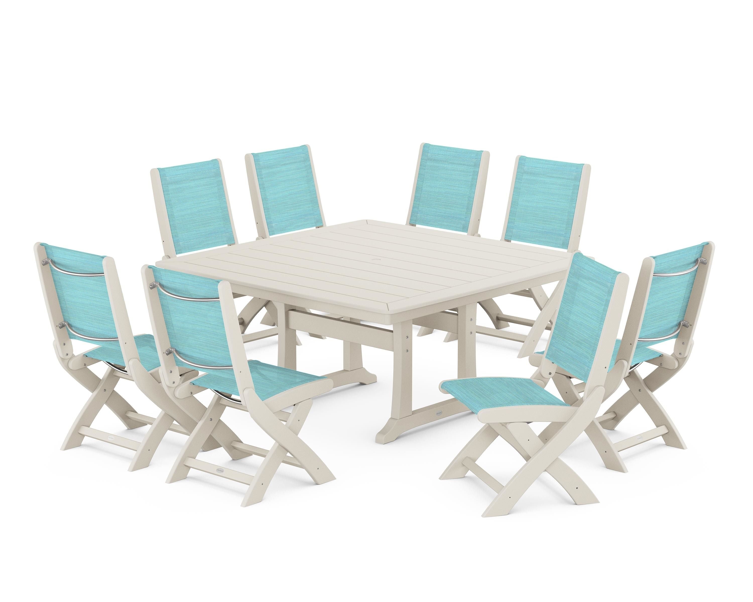 POLYWOOD® Coastal Folding Side Chair 9-Piece Dining Set with Trestle Legs in Sand / Dupioni Aquamarine Sling