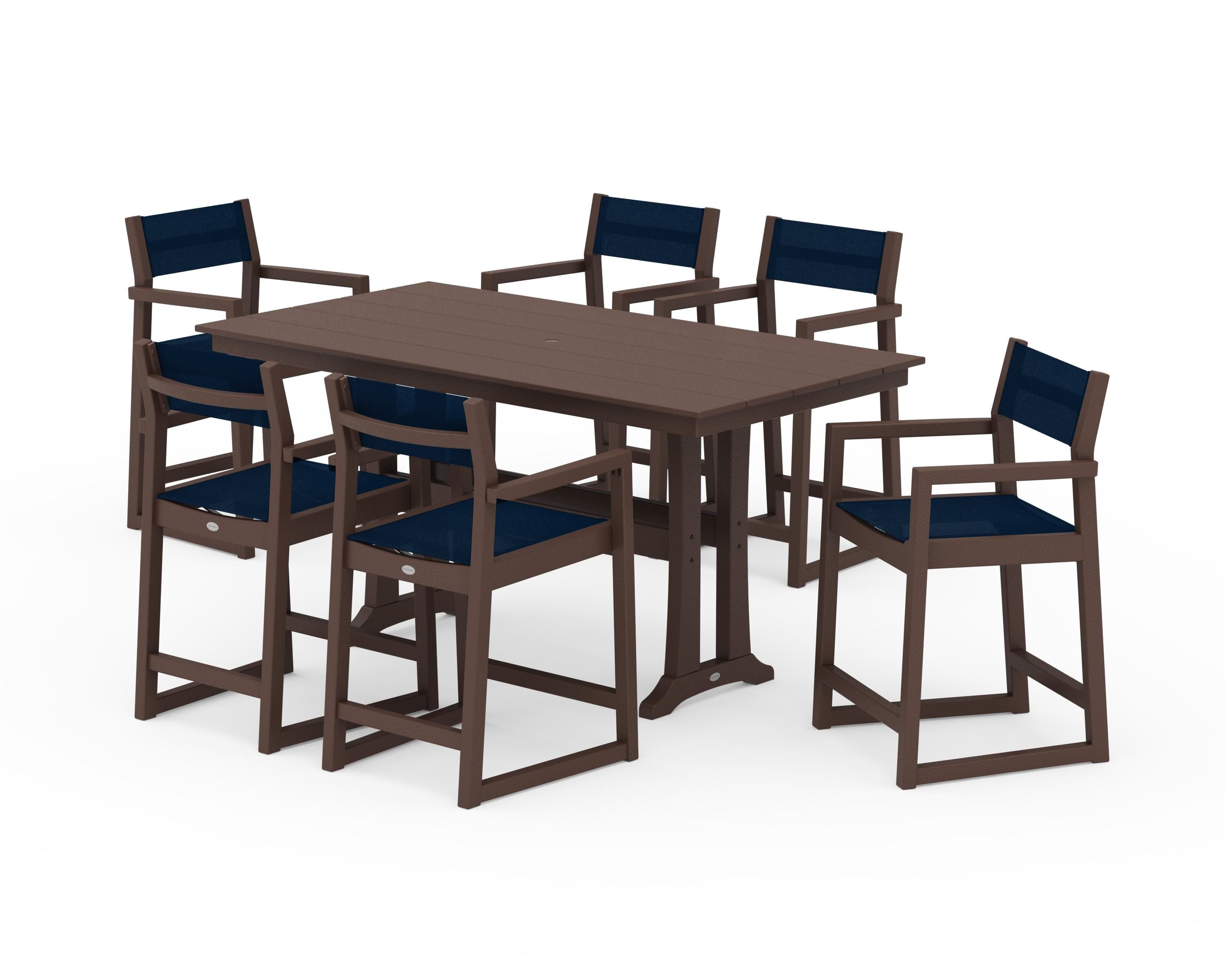POLYWOOD® EDGE Sling Arm Chair 7-Piece Farmhouse Counter Set with Trestle Legs in Mahogany / Navy Blue Sling