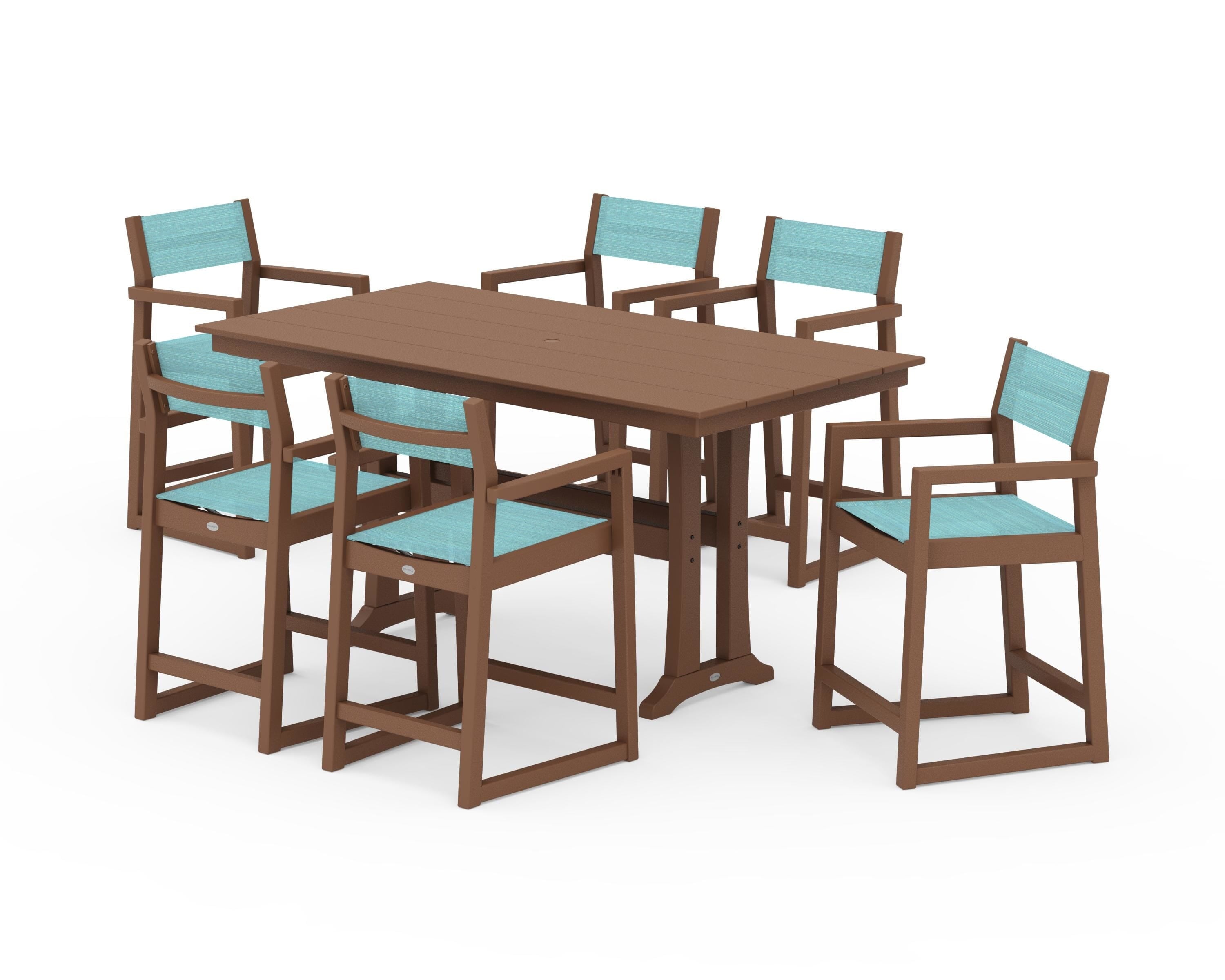 POLYWOOD® EDGE Sling Arm Chair 7-Piece Farmhouse Counter Set with Trestle Legs in Teak / Dupioni Aquamarine Sling