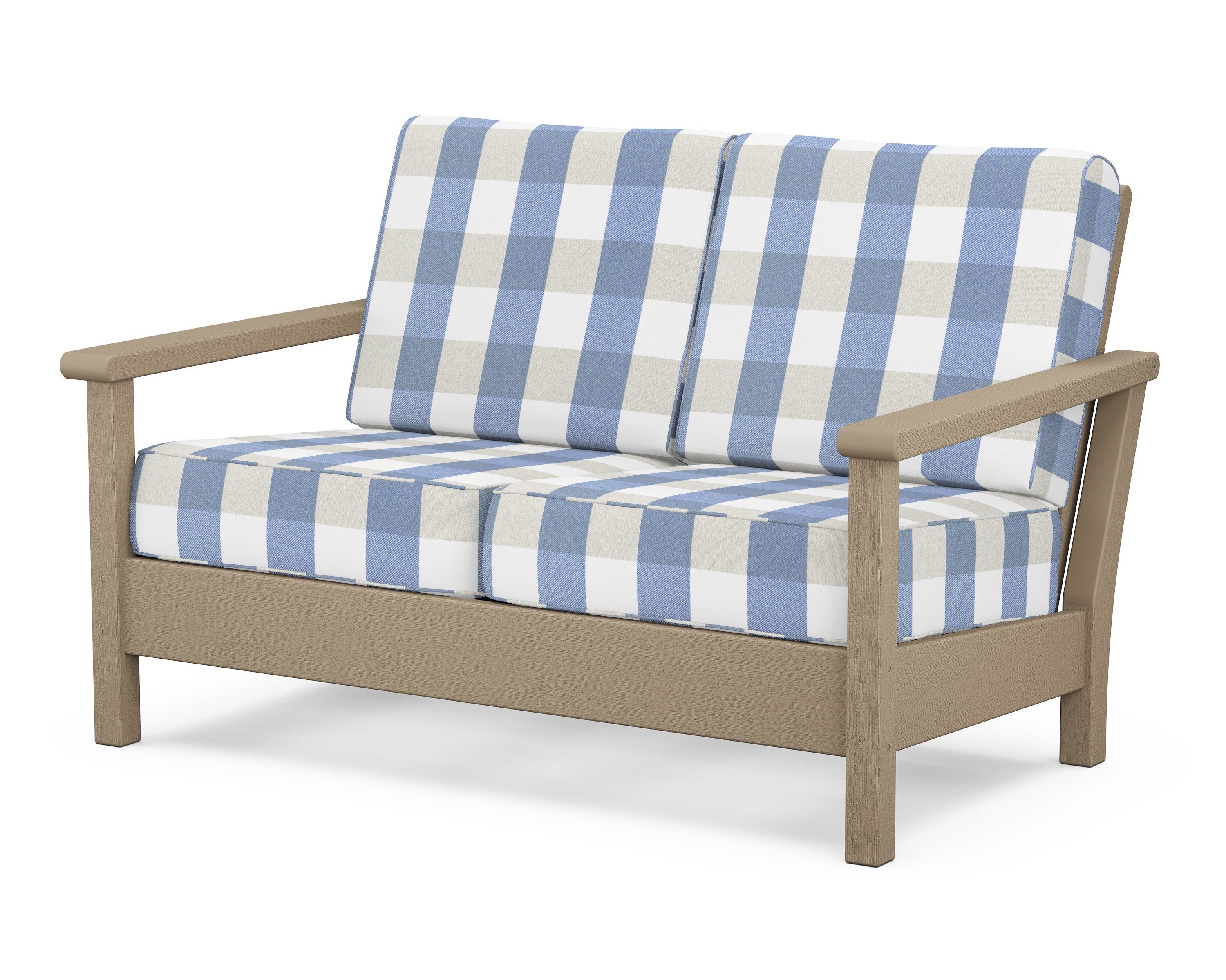 POLYWOOD® Harbour Deep Seating Loveseat in Vintage Sahara / Buffalo Plaid Sky Blue