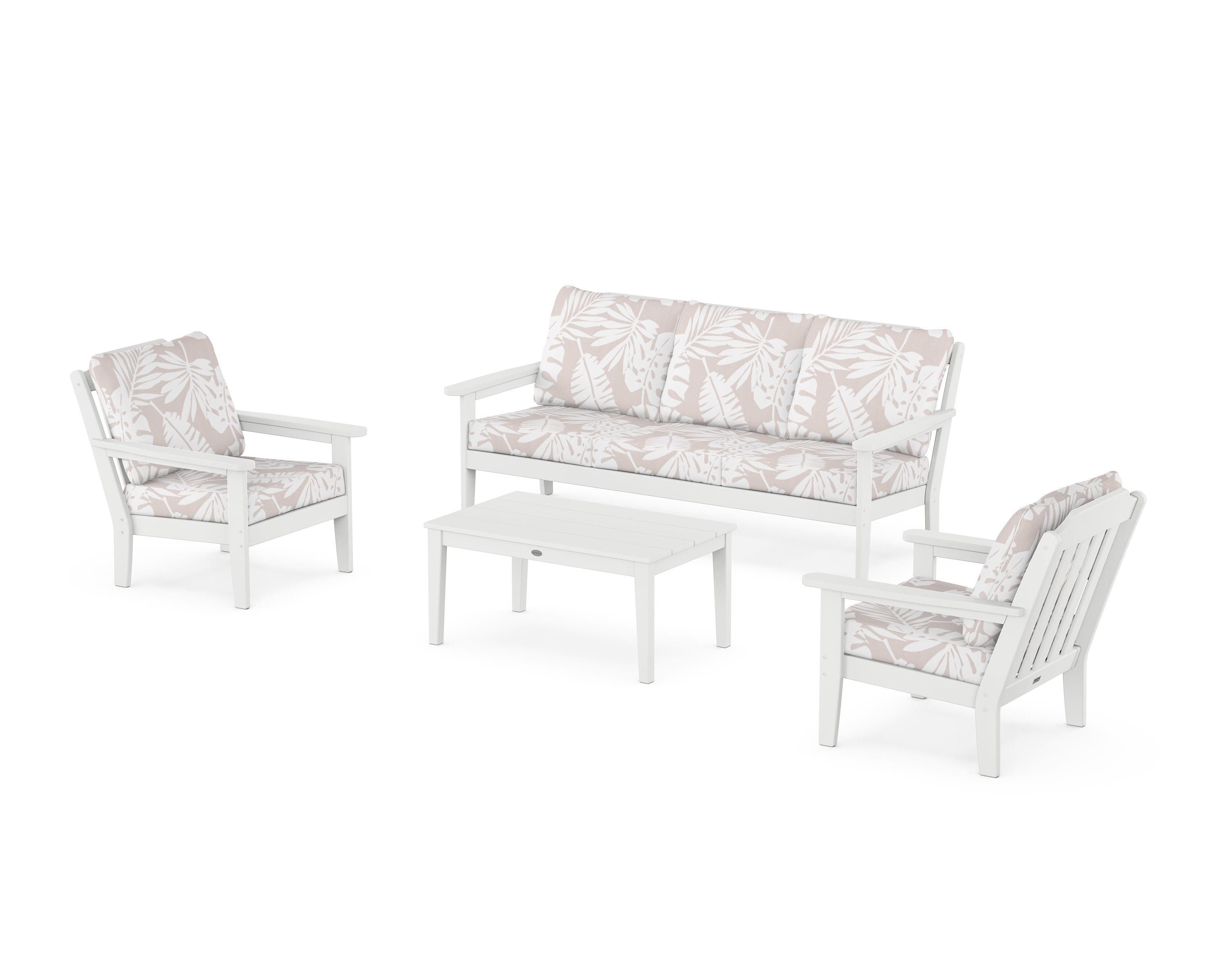 Country Living Cottage 4-Piece Deep Seating Set with Sofa in White / Leaf Dune Burlap