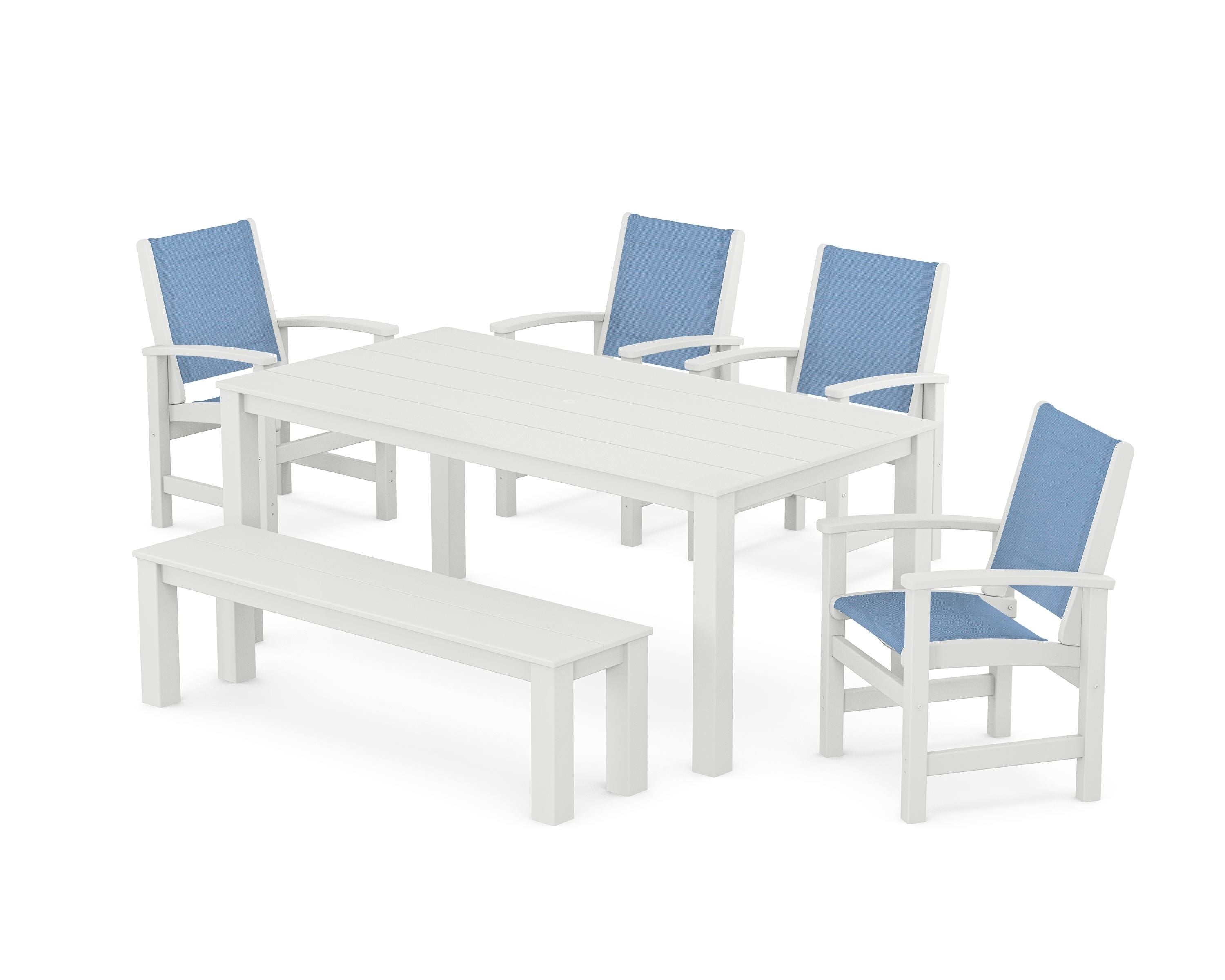 POLYWOOD® Coastal 6-Piece Parsons Dining Set with Bench in White / Poolside Sling