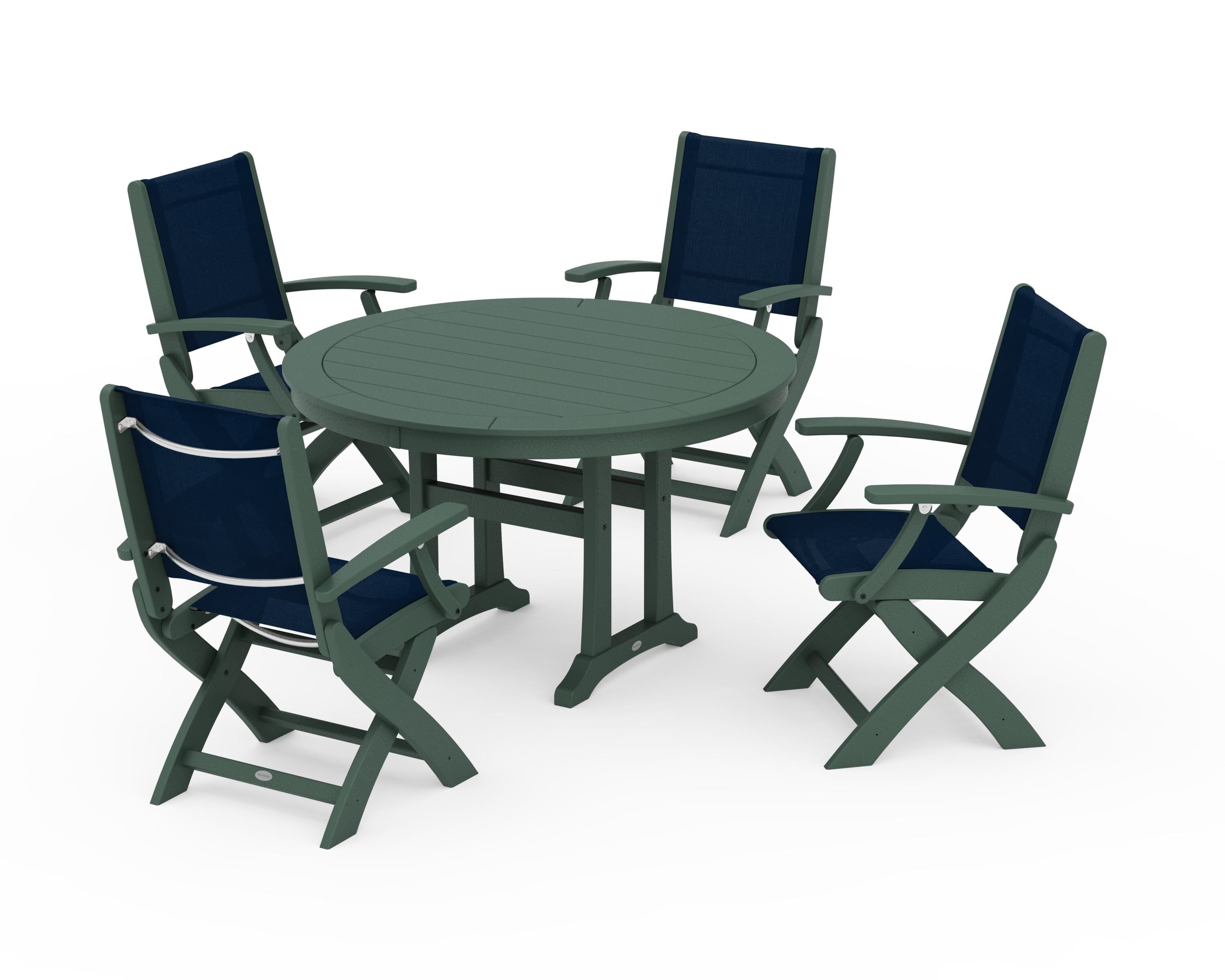 POLYWOOD® Coastal Folding Chair 5-Piece Round Dining Set with Trestle Legs in Green / Navy Blue Sling