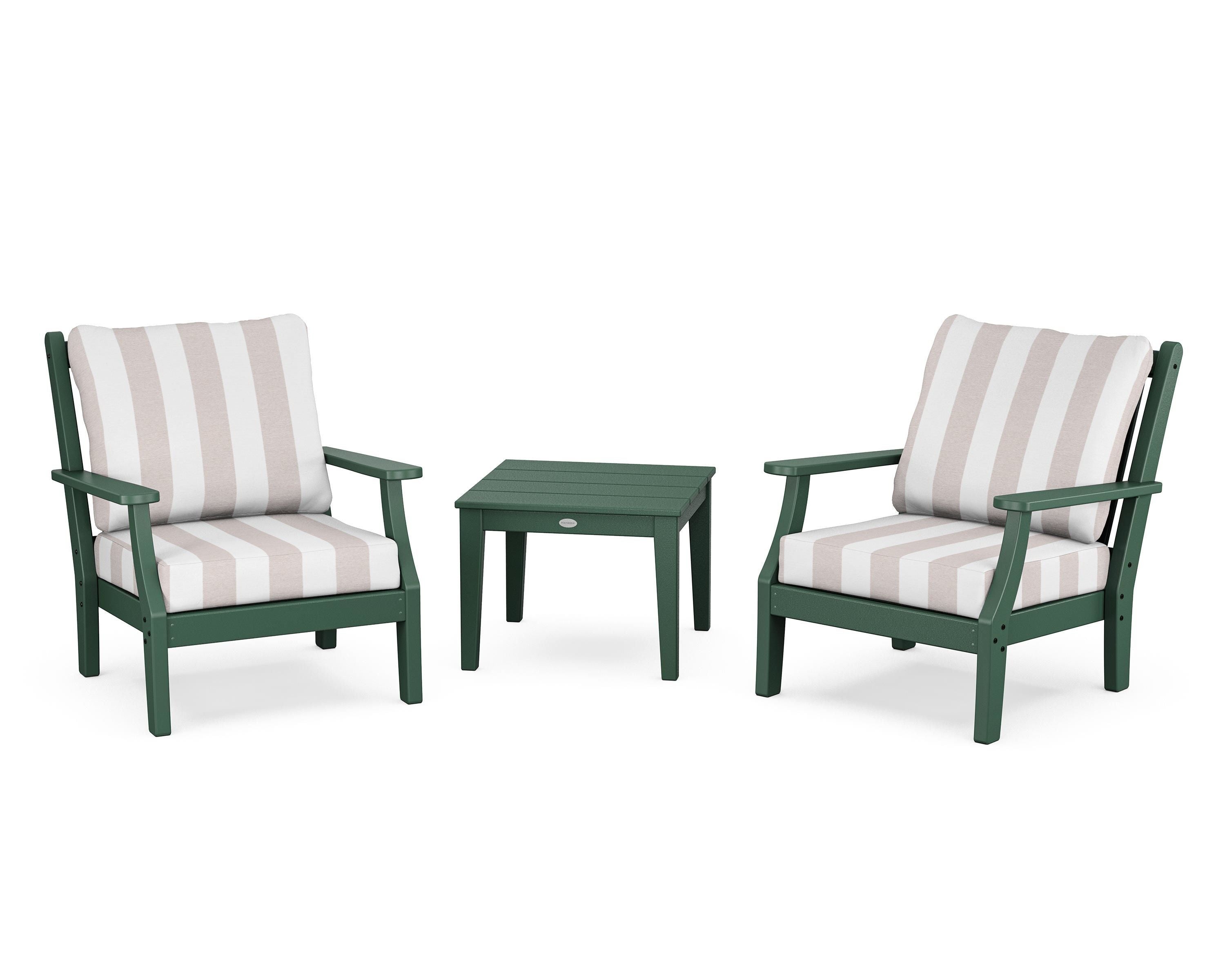 Country Living Wovendale 3-Piece Deep Seating Set in Green / Cabana Stripe Dune Burlap