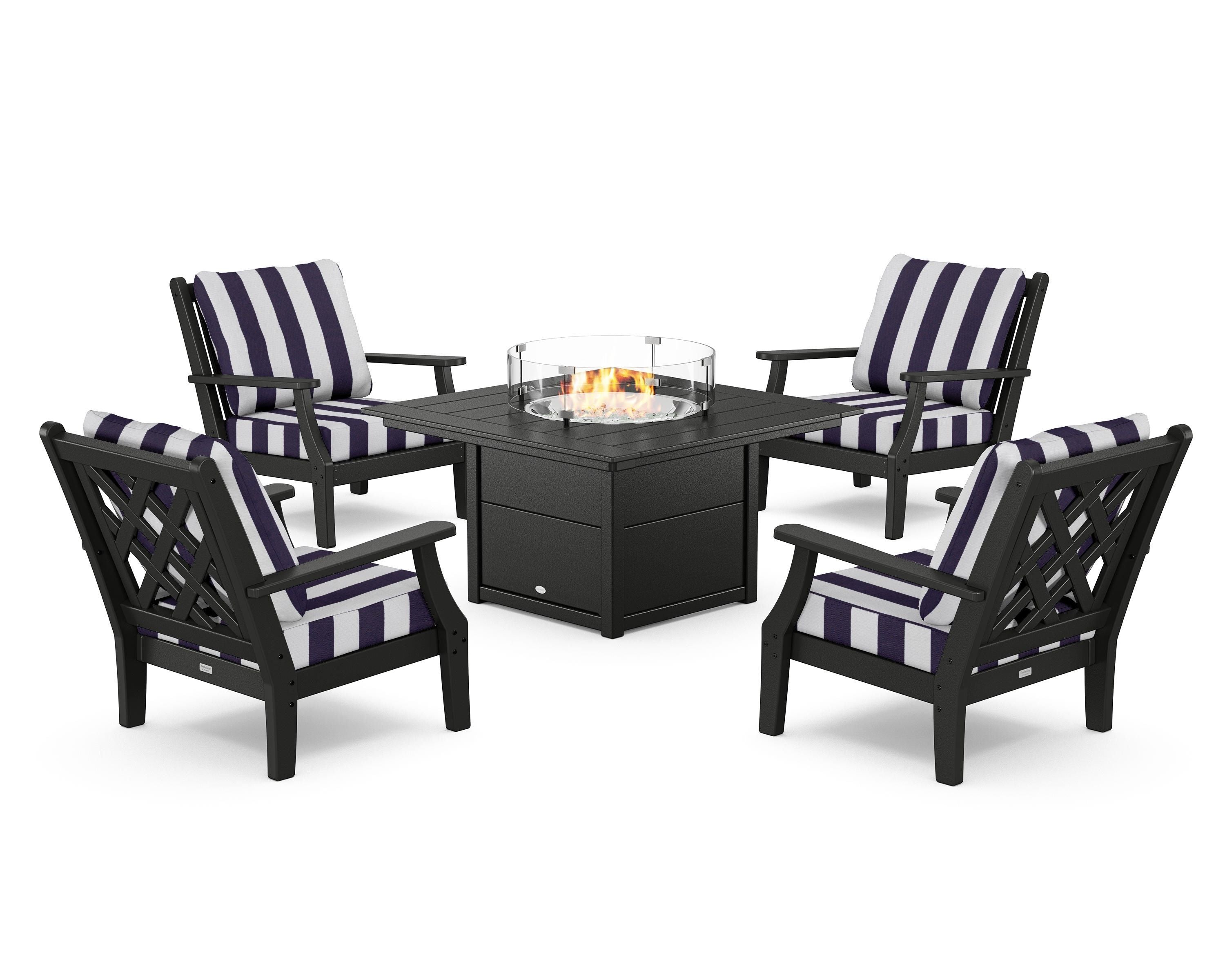 Country Living Wovendale 5-Piece Deep Seating Set with Fire Pit Table in Black / Cabana Stripe Navy