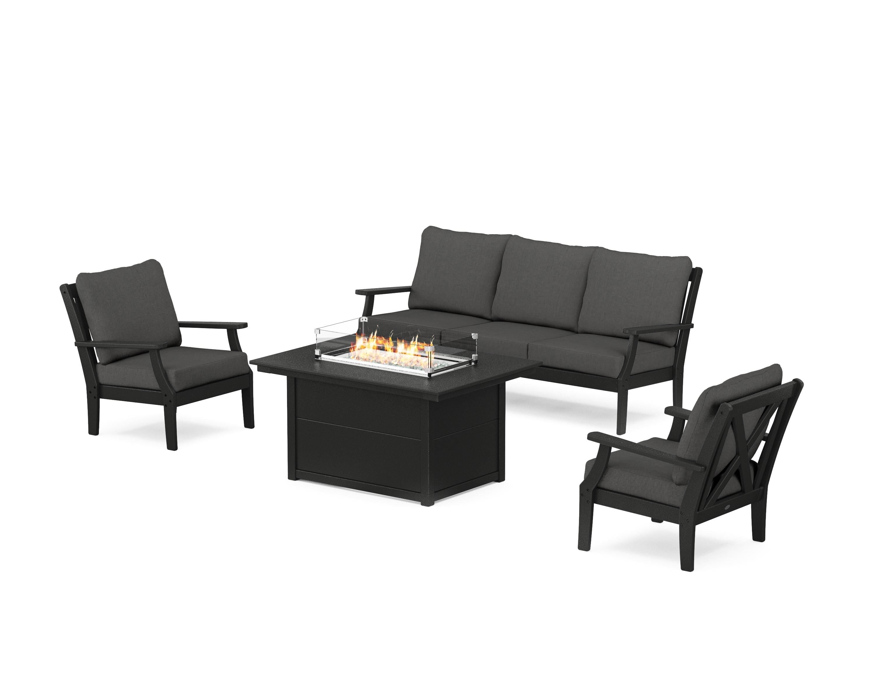 POLYWOOD® Braxton Deep Seating Fire Pit Table Set in Black / Spectrum Carbon