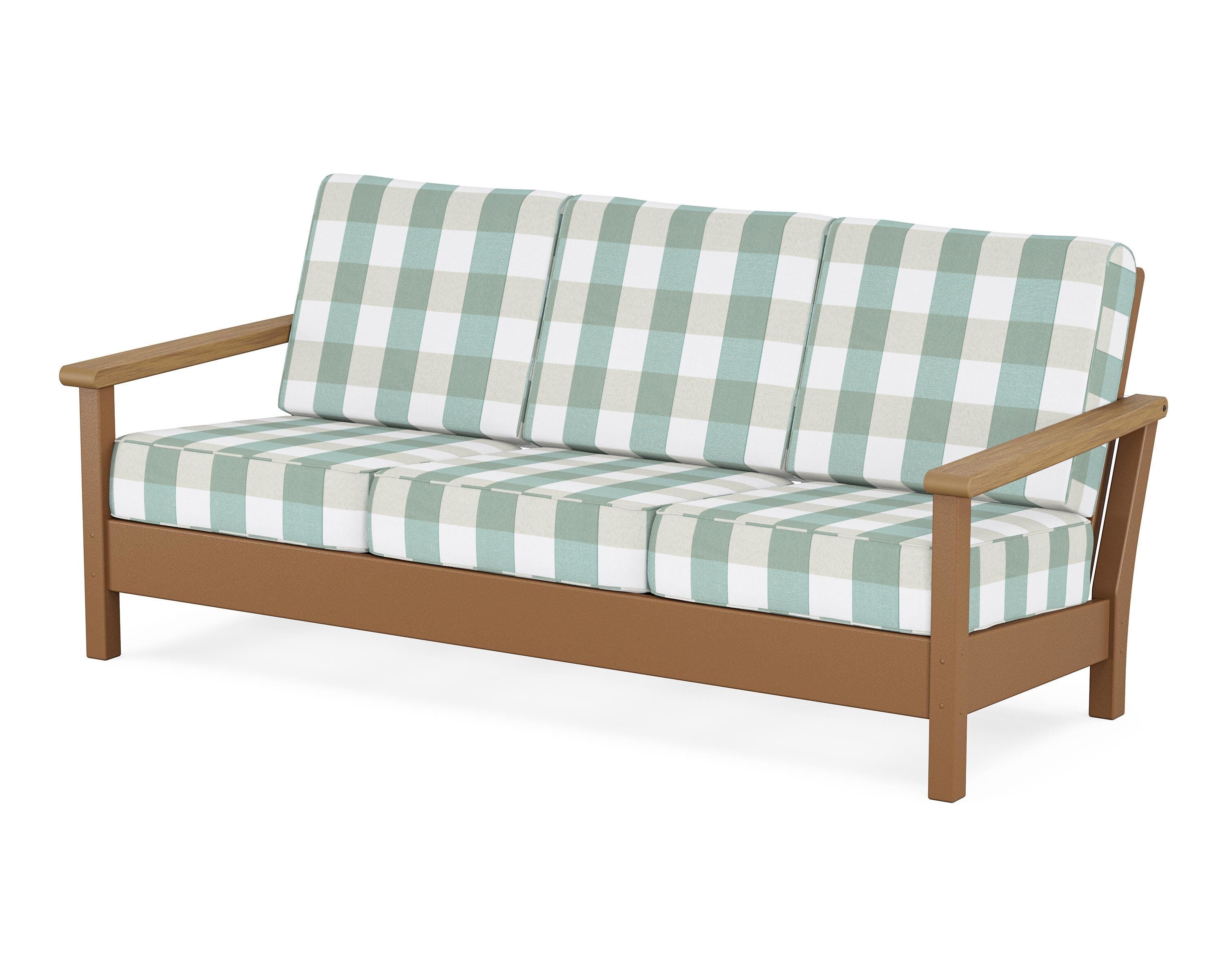 POLYWOOD® Harbour Deep Seating Sofa in Teak / Natural / Buffalo Plaid Glacier Spa