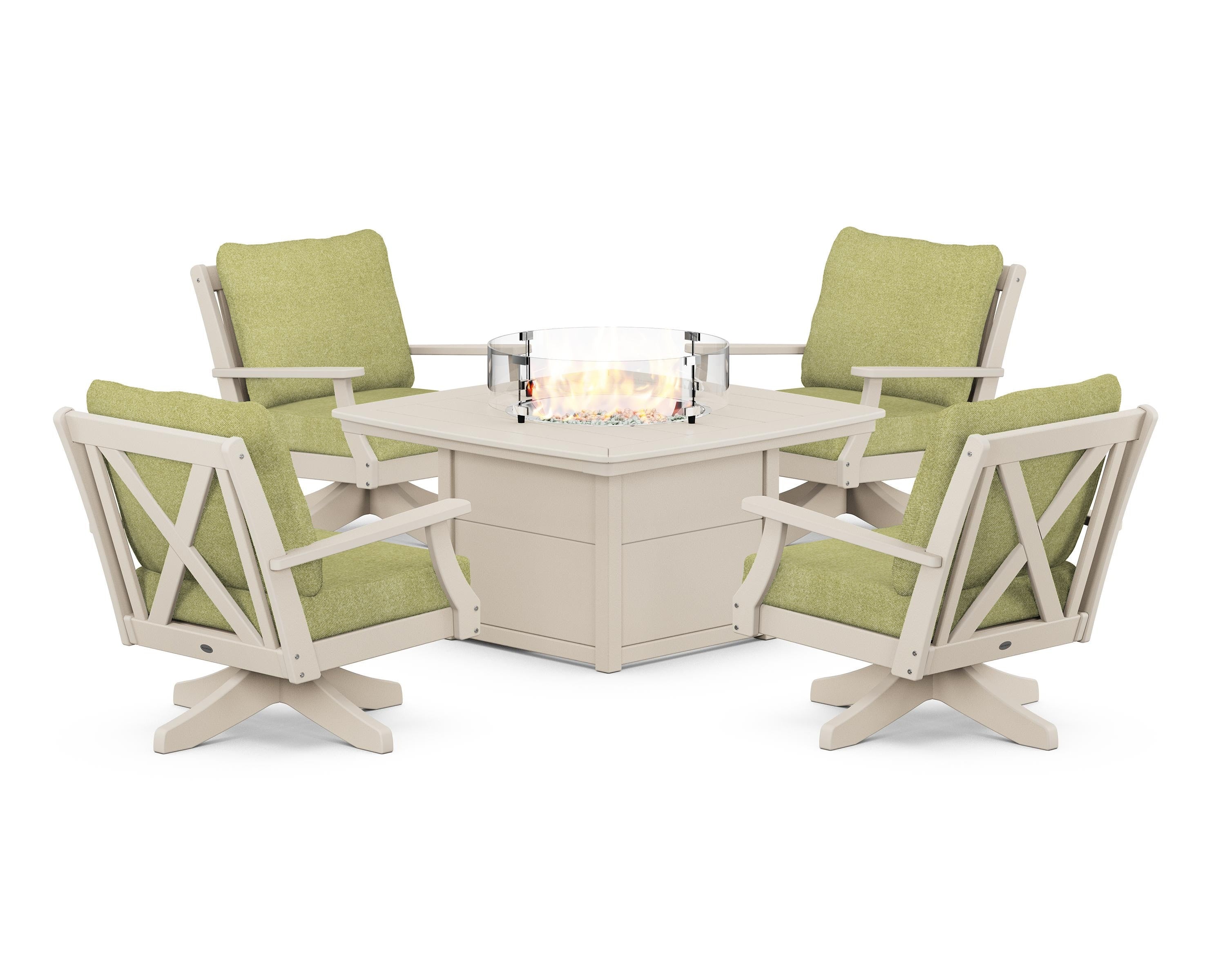 POLYWOOD® Braxton 5-Piece Deep Seating Swivel Conversation Set with Fire Pit Table in Sand / Chartreuse Boucle
