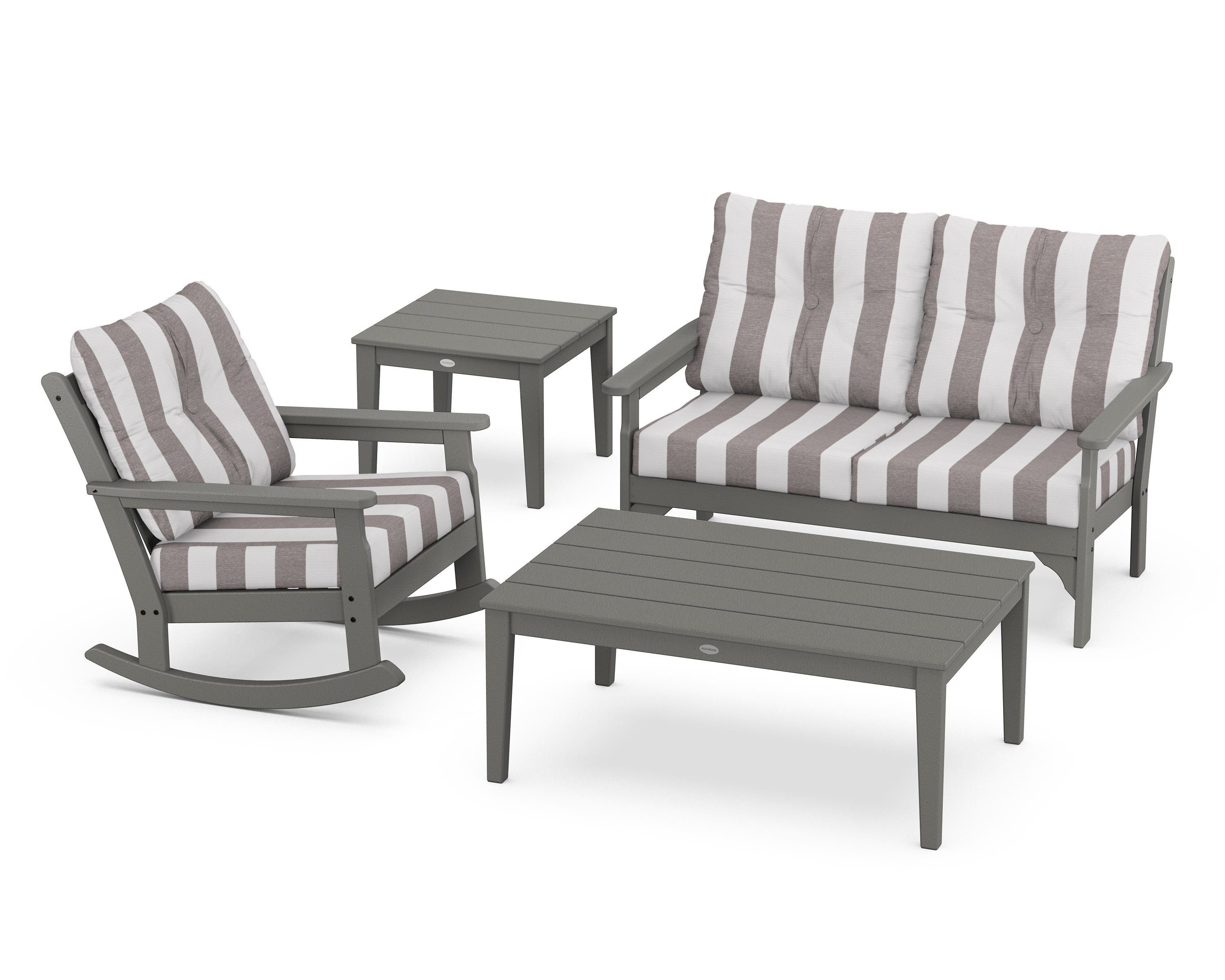 POLYWOOD® Vineyard 4-Piece Deep Seating Rocker Set in Slate Grey / Cabana Stripe Grey Mist
