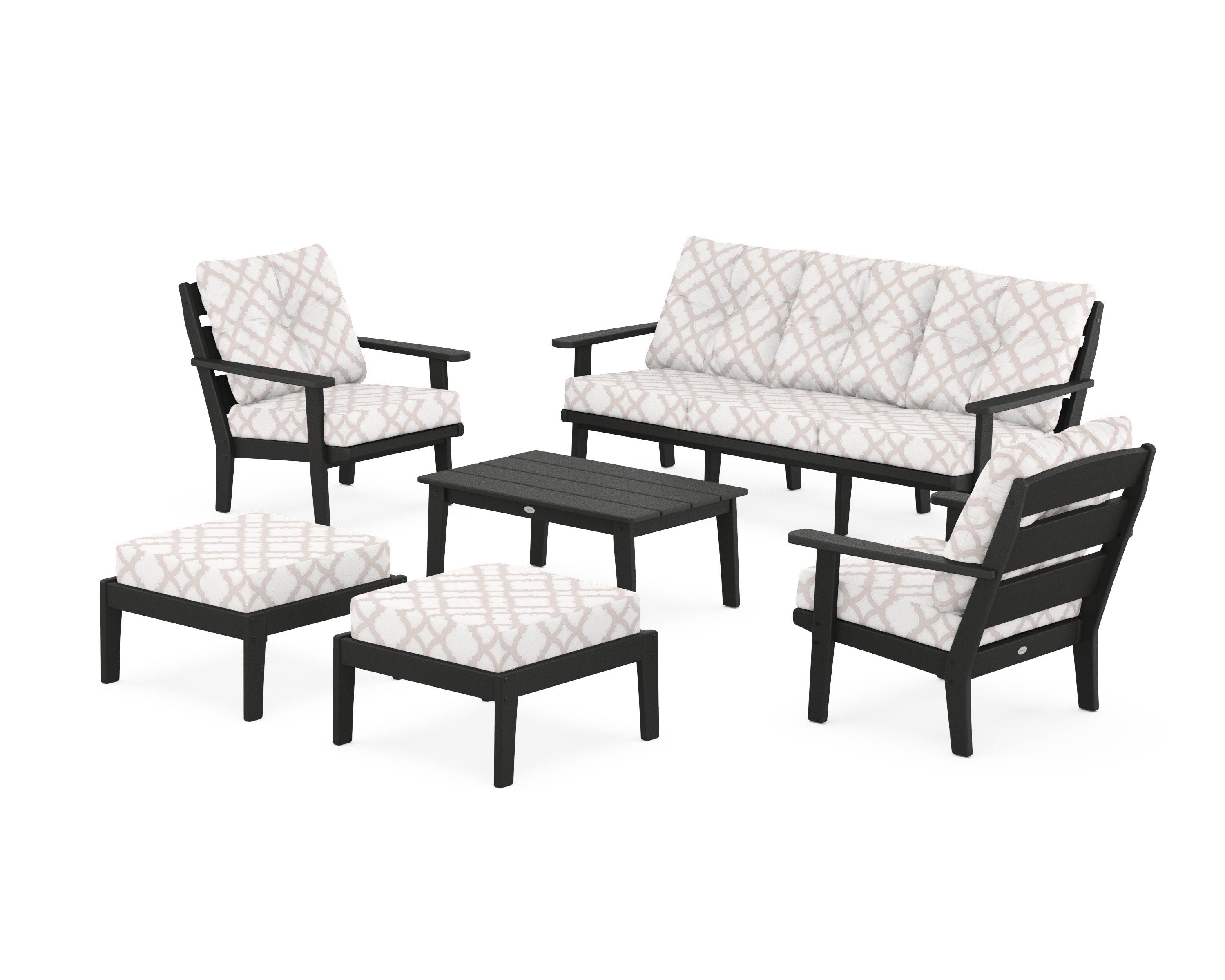 POLYWOOD® Lakeside 6-Piece Lounge Sofa Set in Black / Trellis Dune Burlap