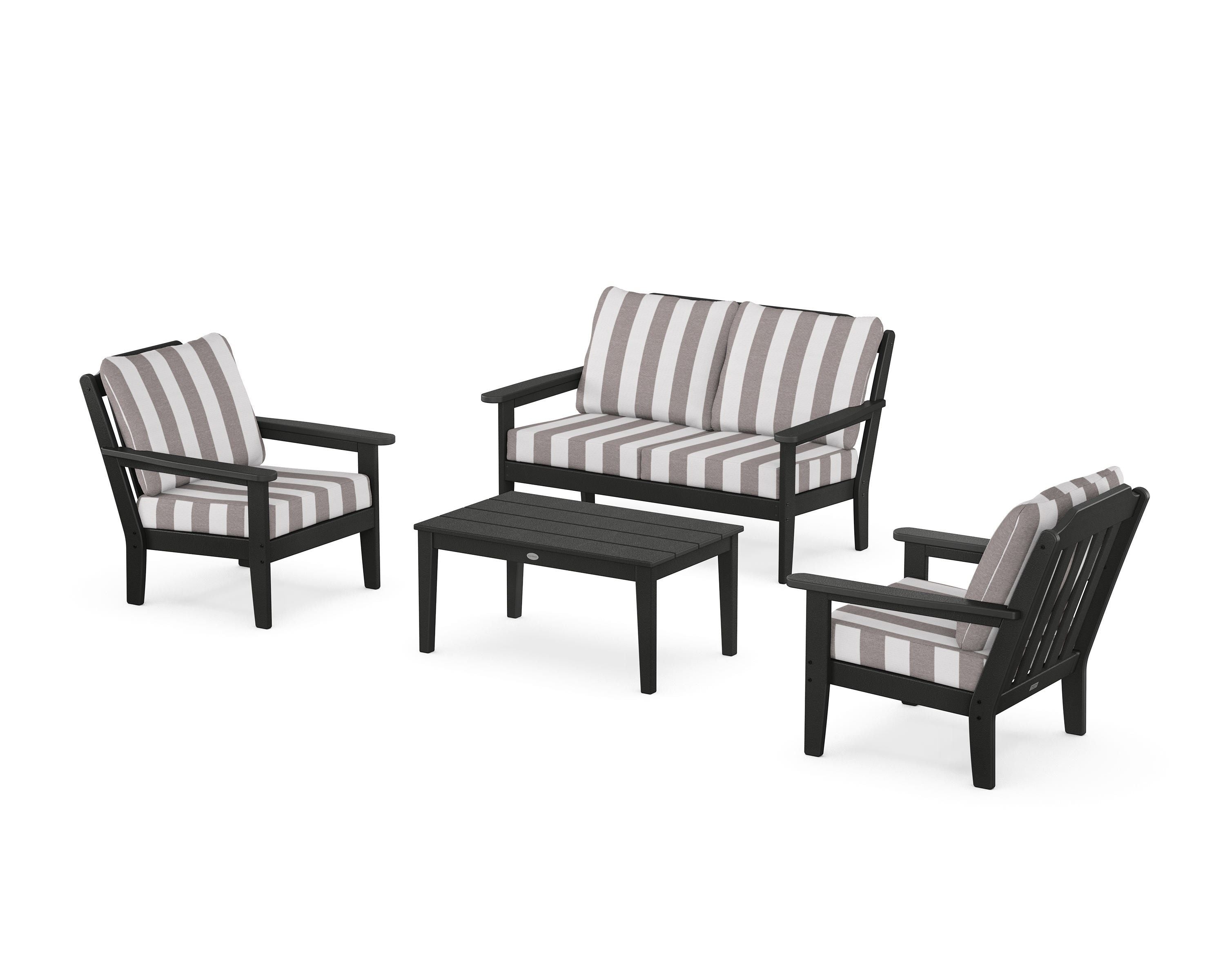 Country Living Cottage 4-Piece Deep Seating Set with Loveseat in Black / Cabana Stripe Grey Mist