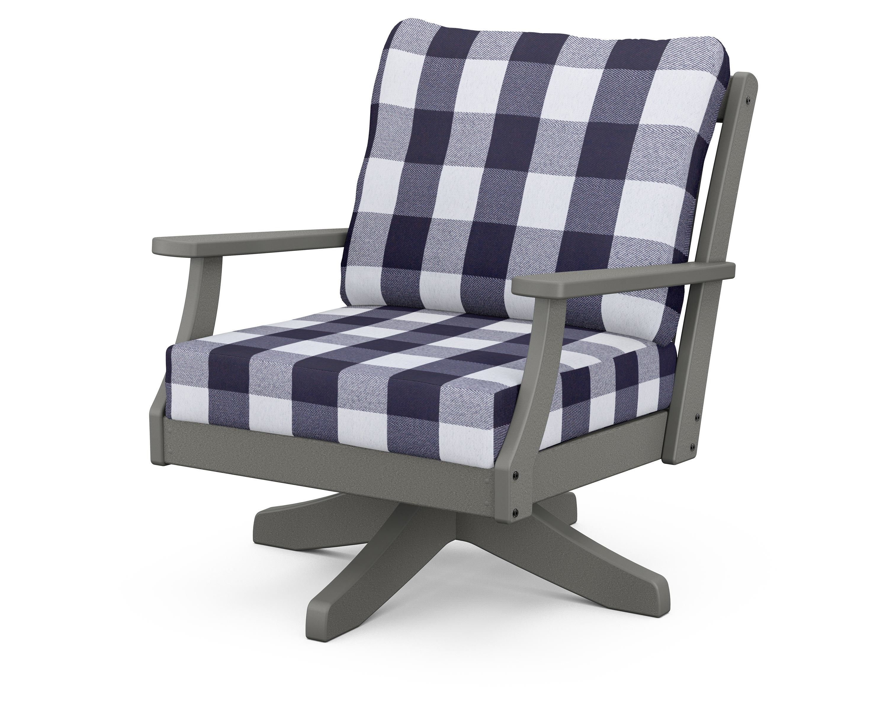 POLYWOOD® Braxton Deep Seating Swivel Chair in Slate Grey / Buffalo Plaid Navy