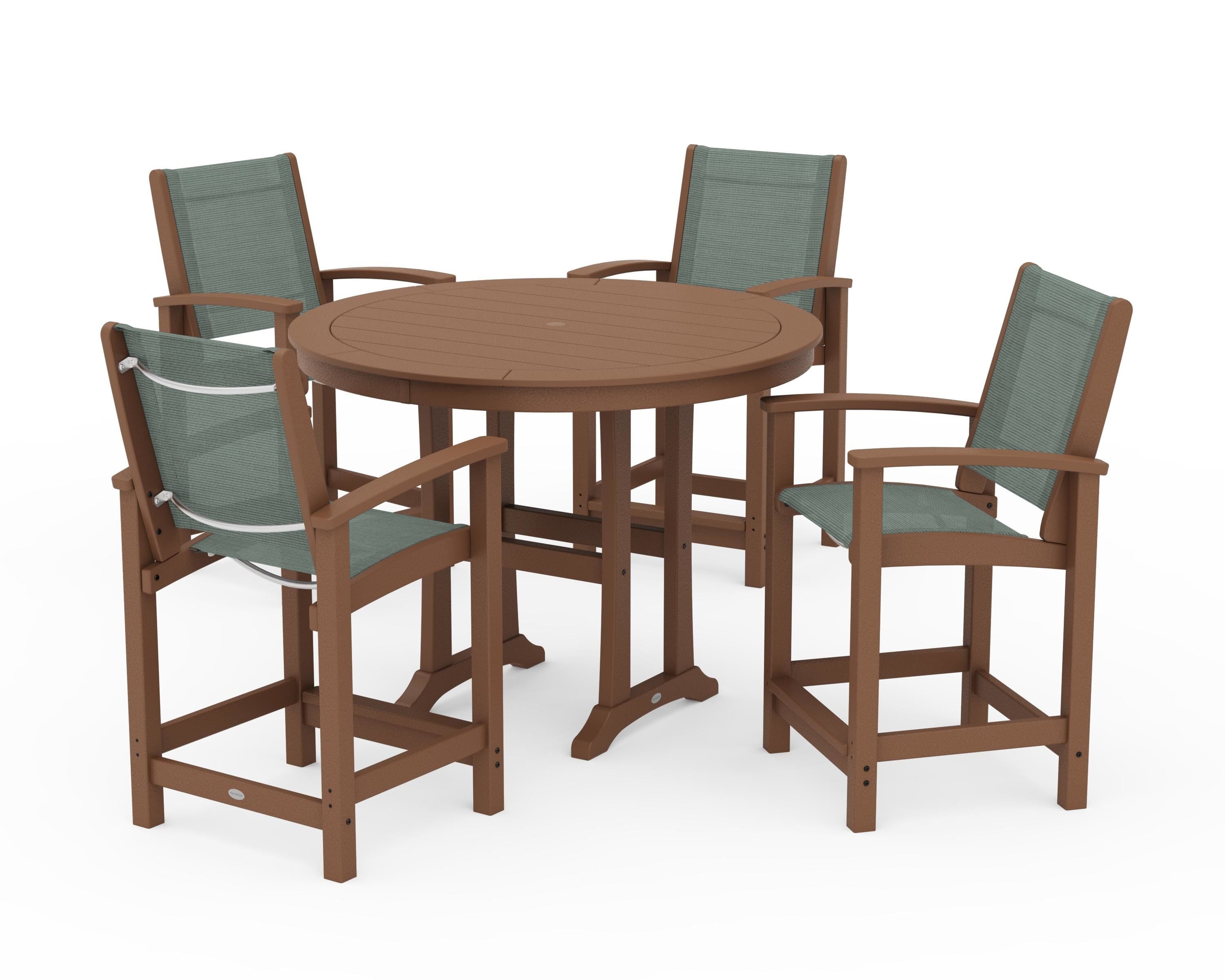 POLYWOOD® Coastal 5-Piece Counter Set in Teak / Dupioni Sea Mist Sling