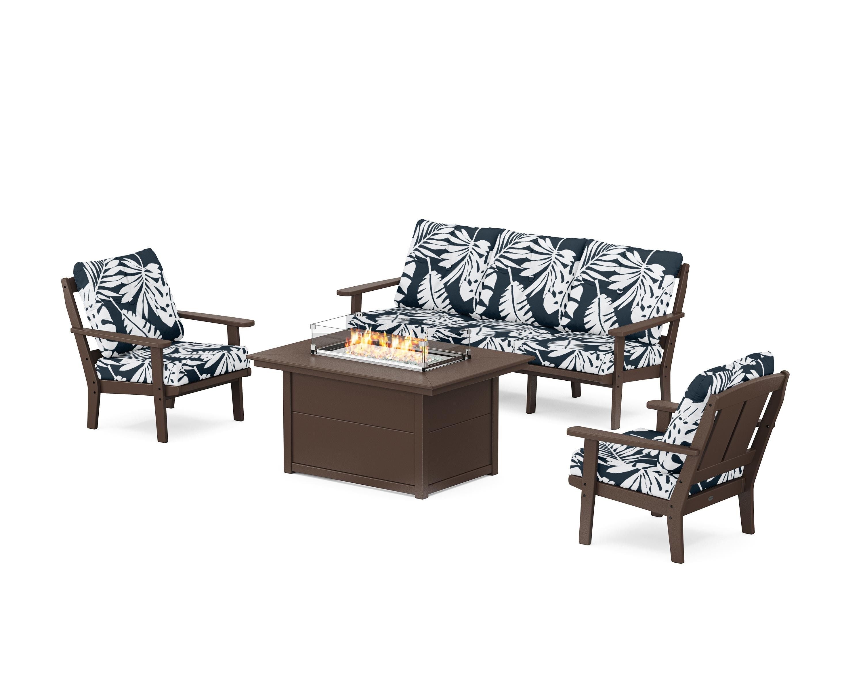 POLYWOOD® Mission Deep Seating Fire Pit Table Set in Mahogany / Leaf Marine Indigo