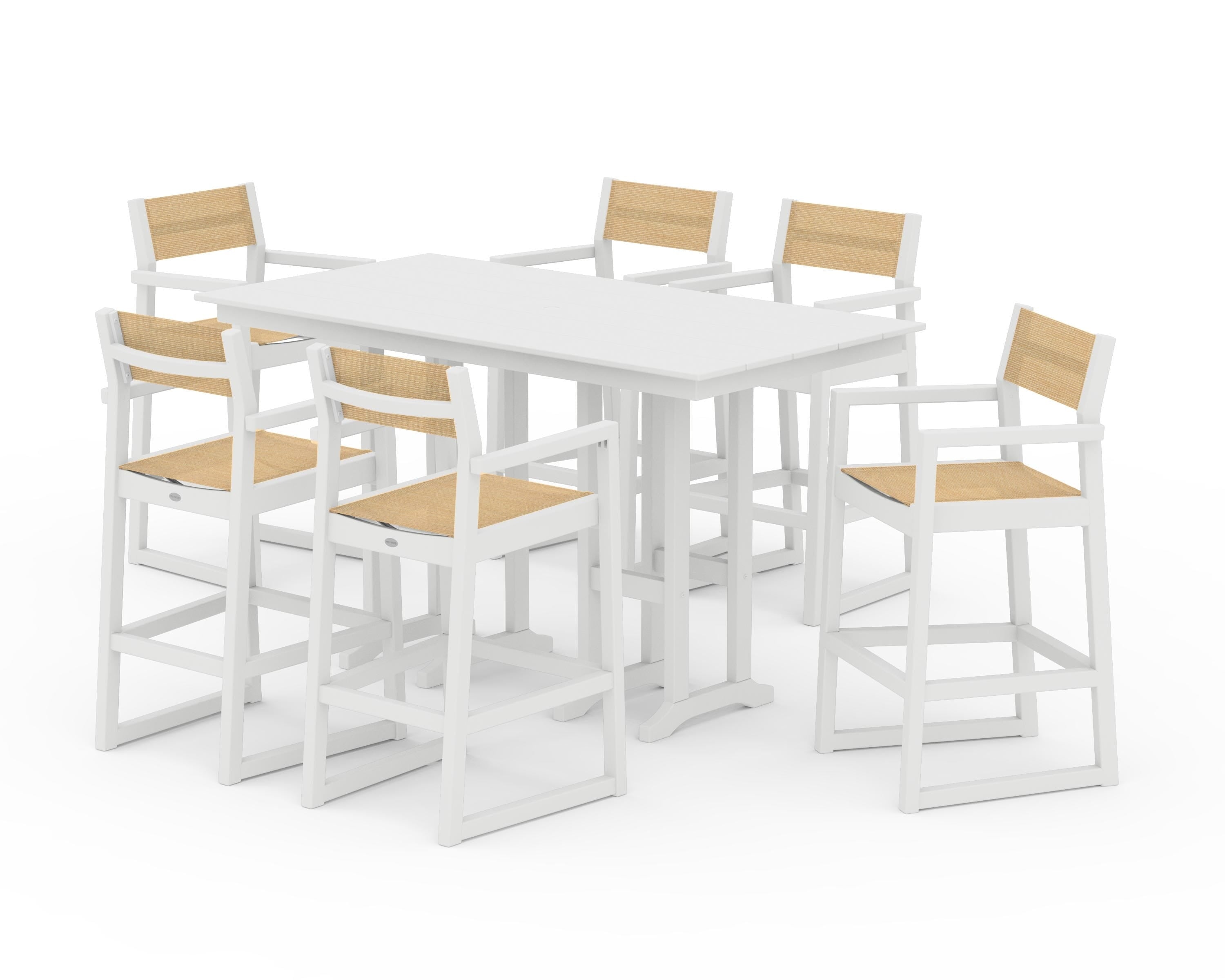 POLYWOOD® EDGE Sling Arm Chair 7-Piece Farmhouse Bar Set in White / Dupioni Apricot Sling