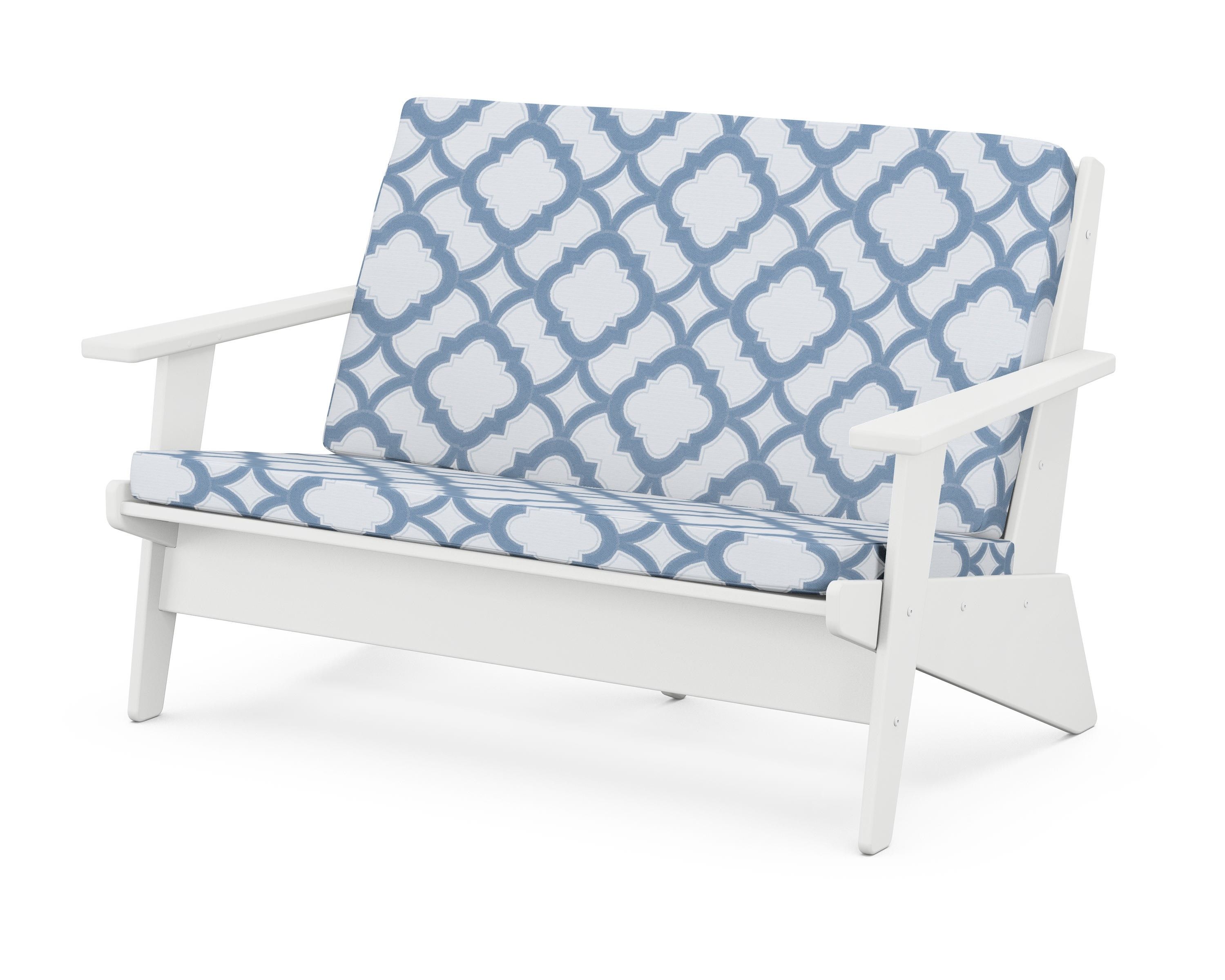 POLYWOOD® Riviera Modern Lounge Loveseat in White / Trellis Sky Blue