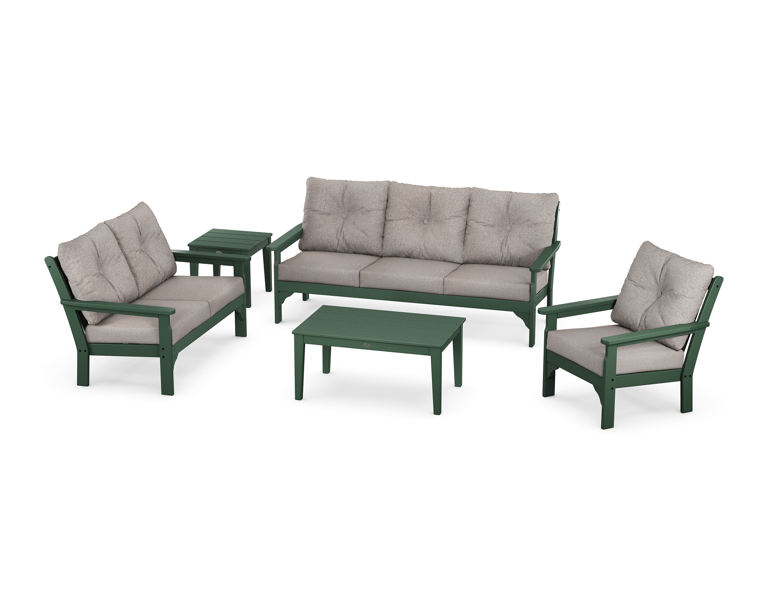 POLYWOOD® Vineyard 5 Piece Deep Seating Set in Green / Weathered Tweed