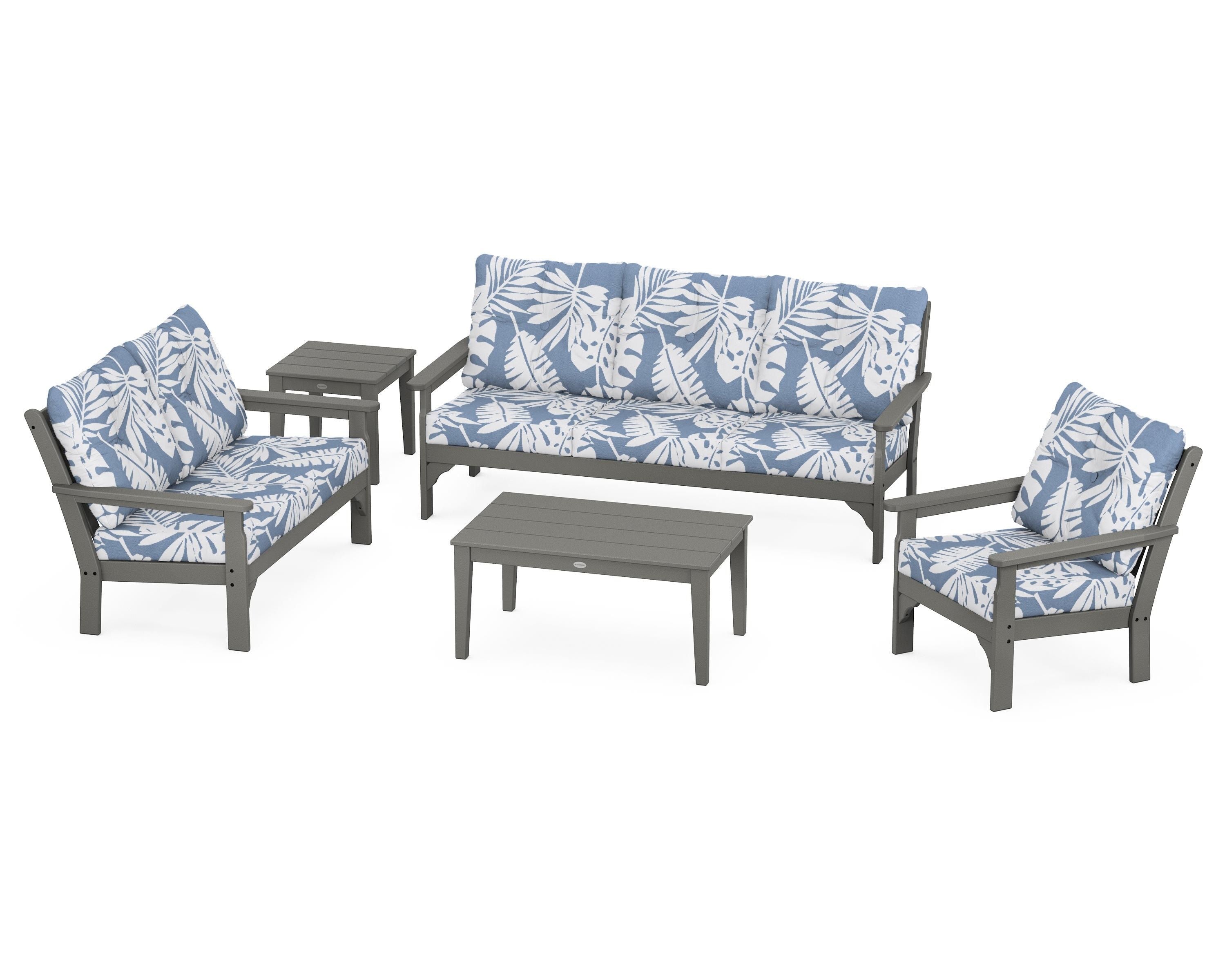 POLYWOOD® Vineyard 5 Piece Deep Seating Set in Slate Grey / Leaf Sky Blue