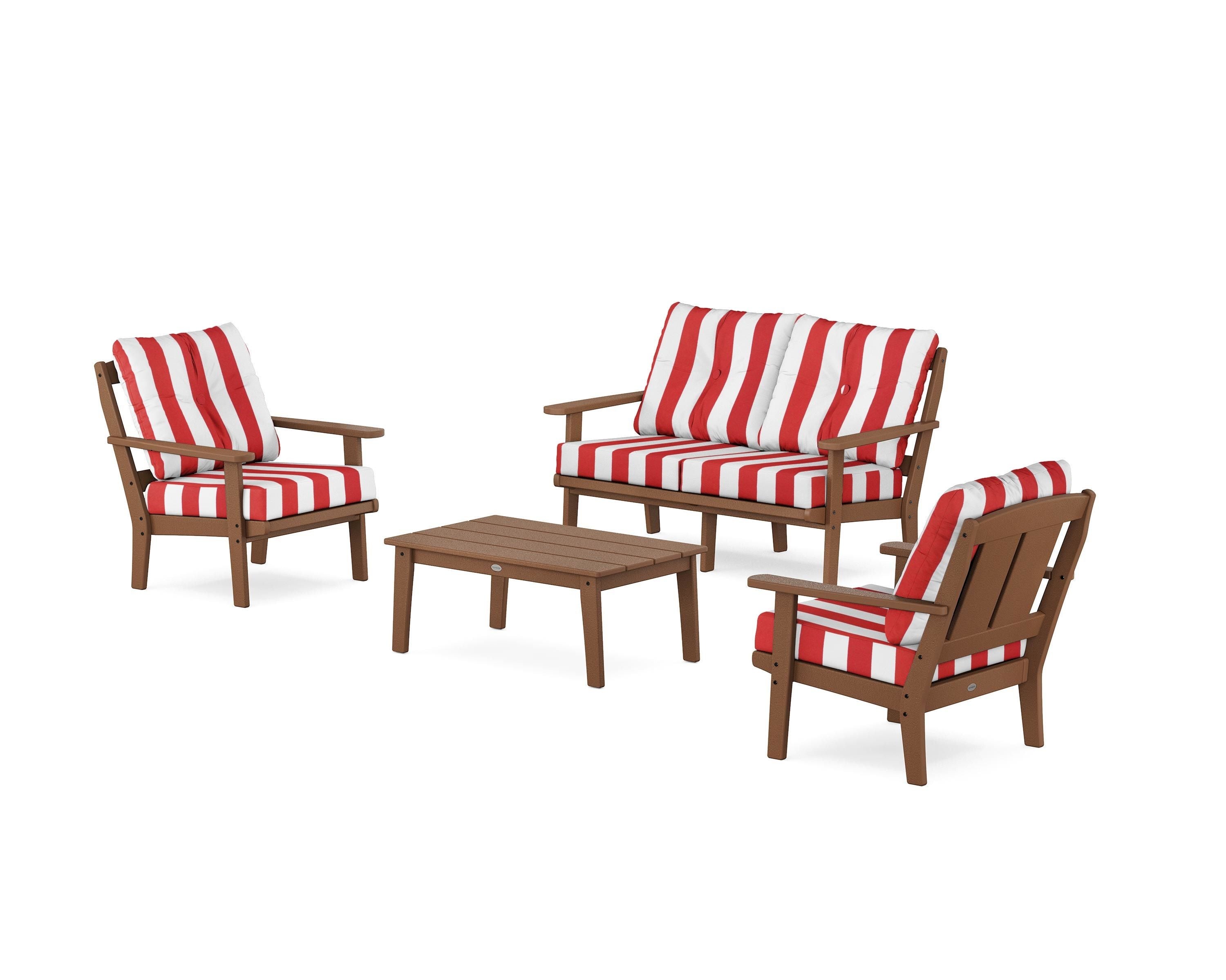 POLYWOOD® Mission 4-Piece Deep Seating Set with Loveseat in Teak / Cabana Stripe Crimson