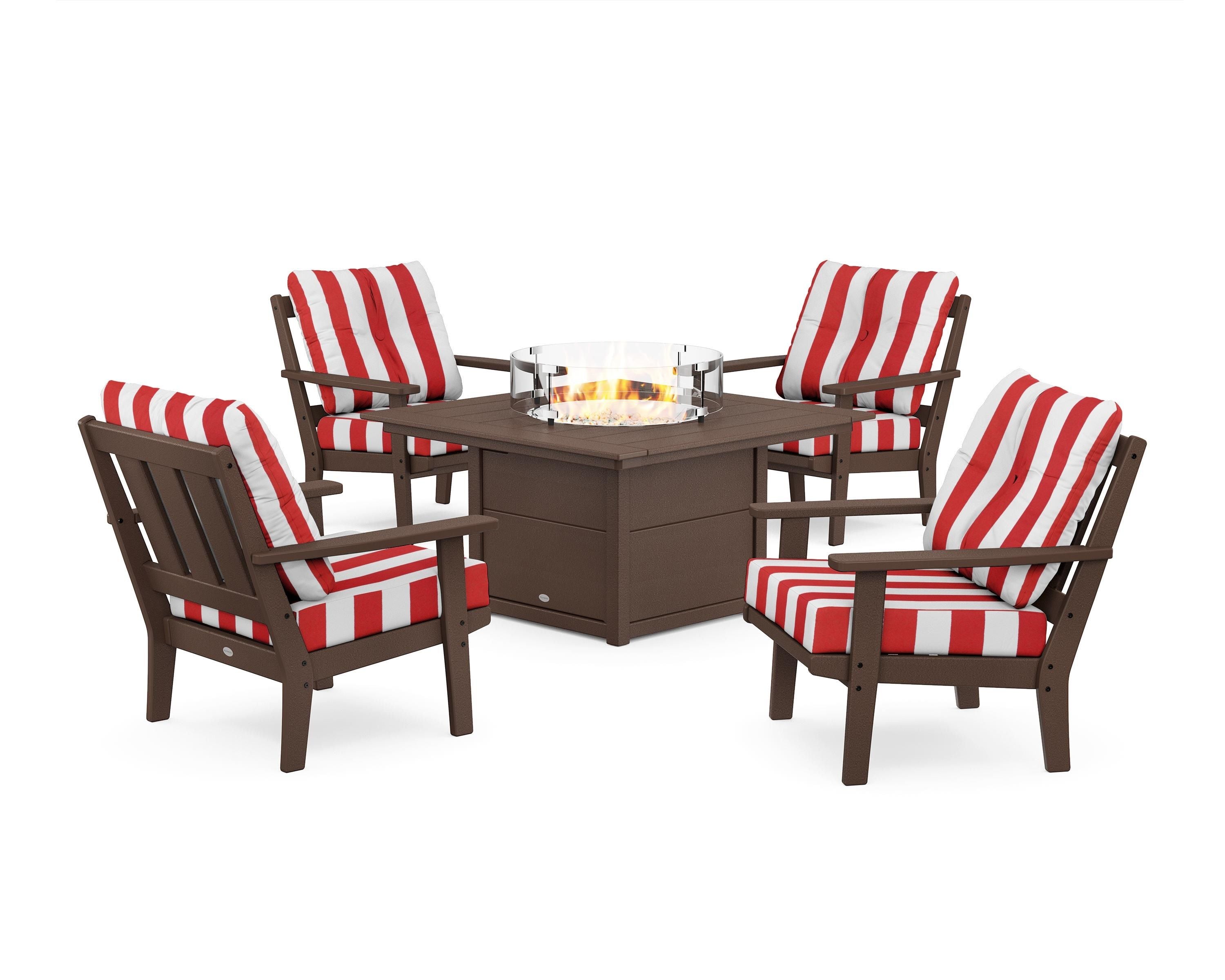 POLYWOOD® Oxford 5-Piece Deep Seating Set with Fire Pit Table in Mahogany / Cabana Stripe Crimson