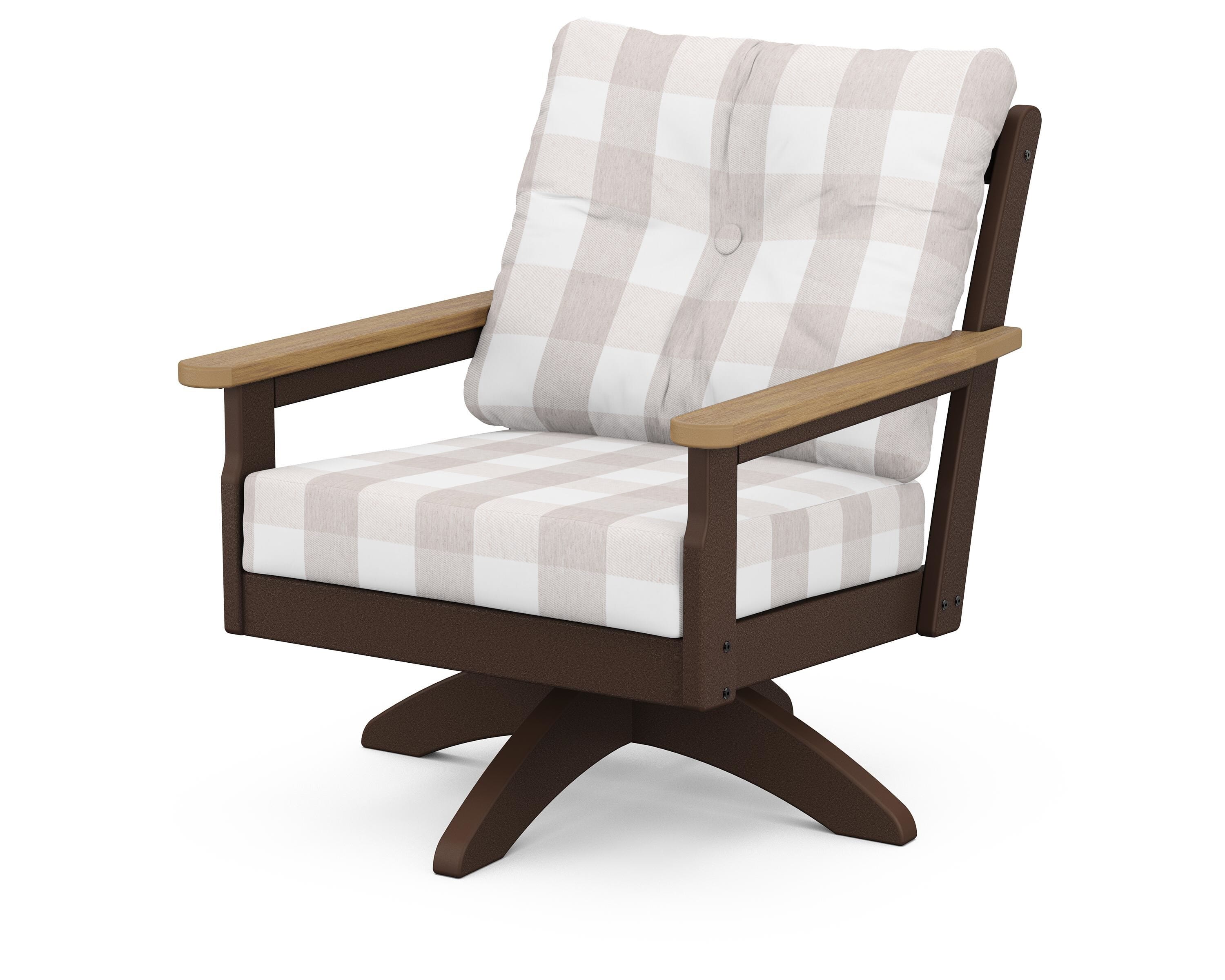 POLYWOOD® Vineyard Deep Seating Swivel Chair in Mahogany / Natural / Buffalo Plaid Dune Burlap