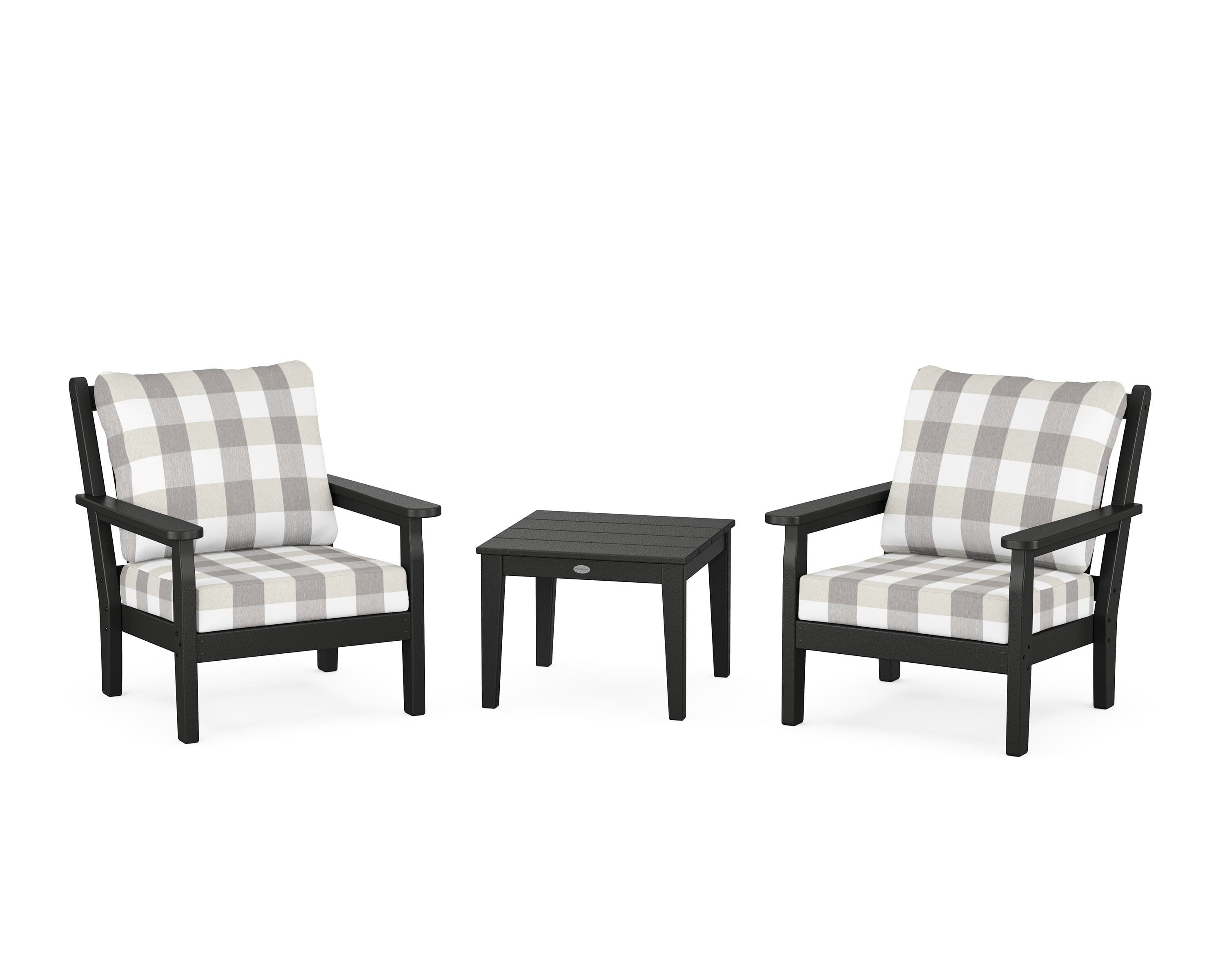 POLYWOOD® Chippendale 3-Piece Deep Seating Set in Black / Buffalo Plaid Grey Mist