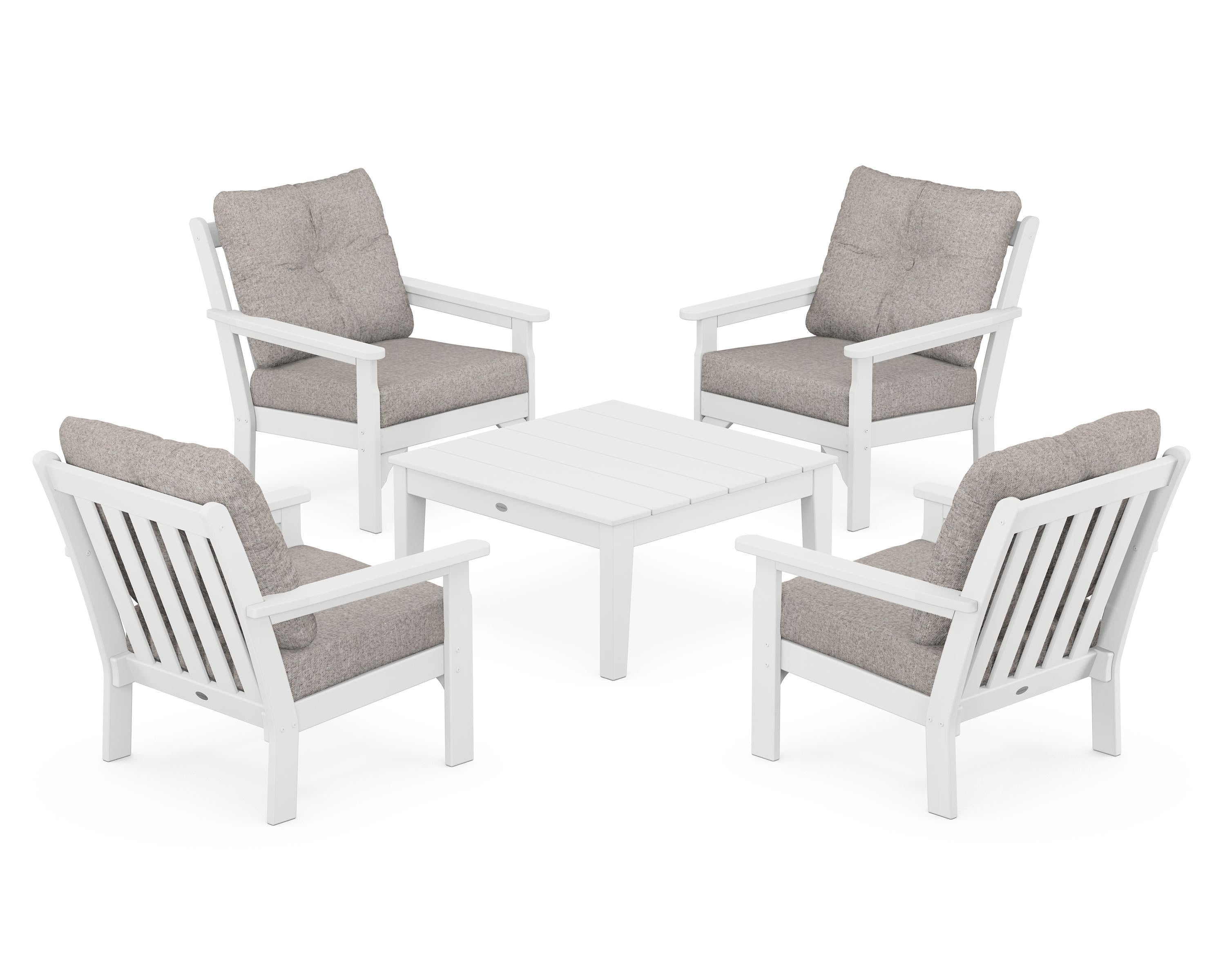 POLYWOOD® Vineyard 5-Piece Deep Seating Conversation Set in White / Weathered Tweed