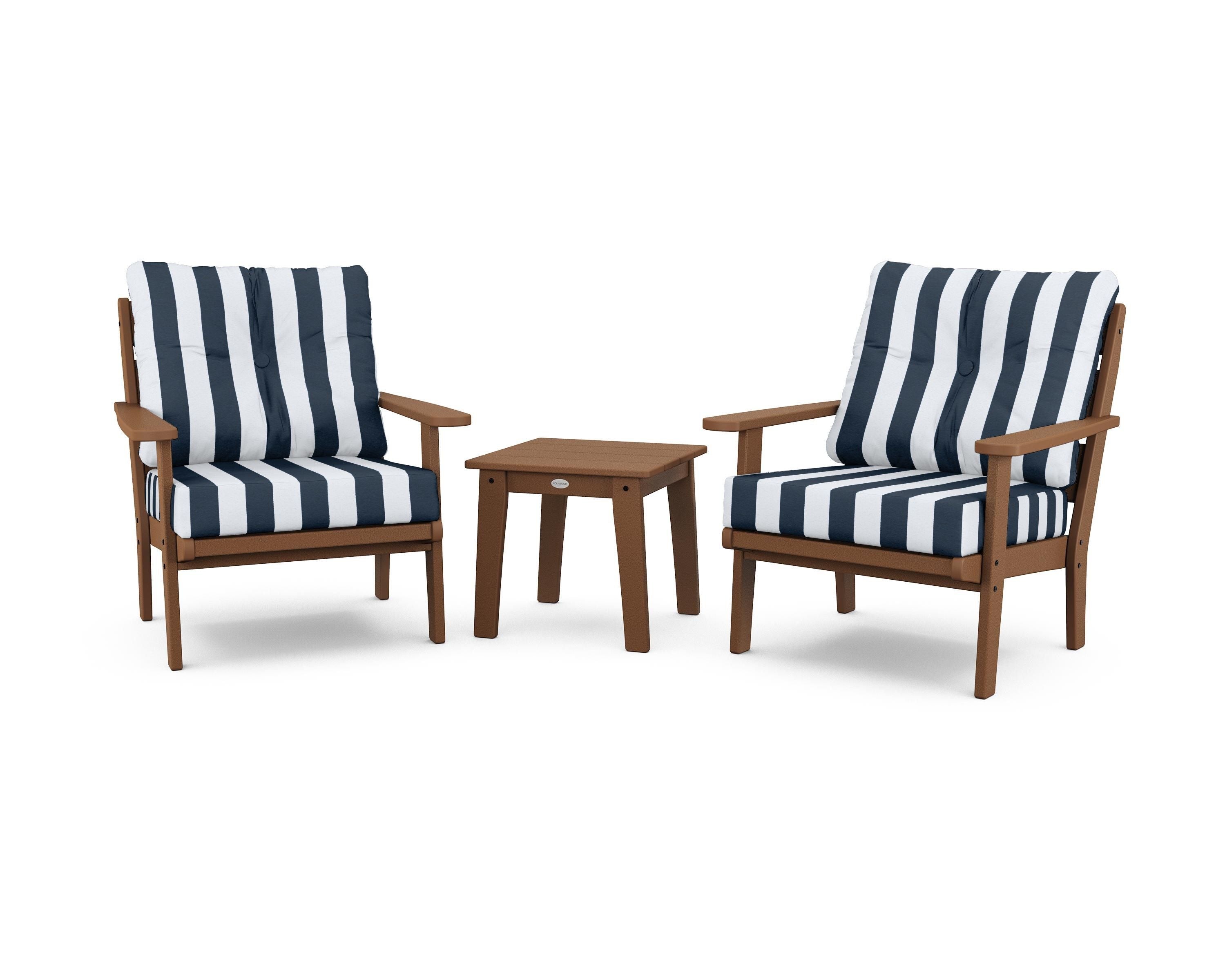 POLYWOOD® Lakeside 3-Piece Deep Seating Chair Set in Teak / Cabana Stripe Marine Indigo