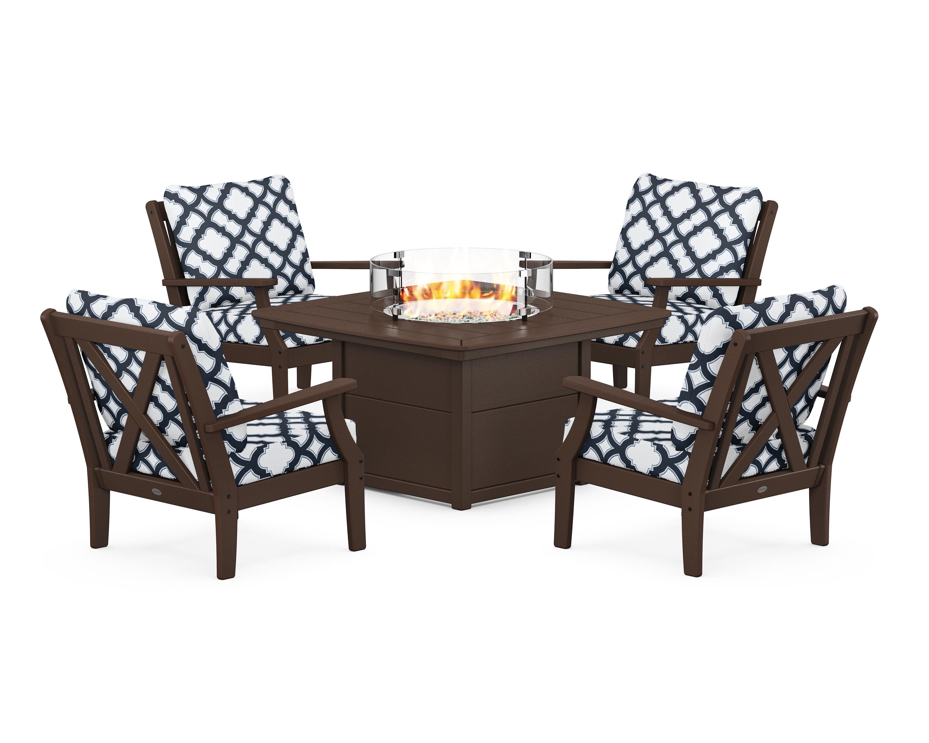 POLYWOOD® Braxton 5-Piece Deep Seating Conversation Set with Fire Pit Table in Mahogany / Trellis Marine Indigo