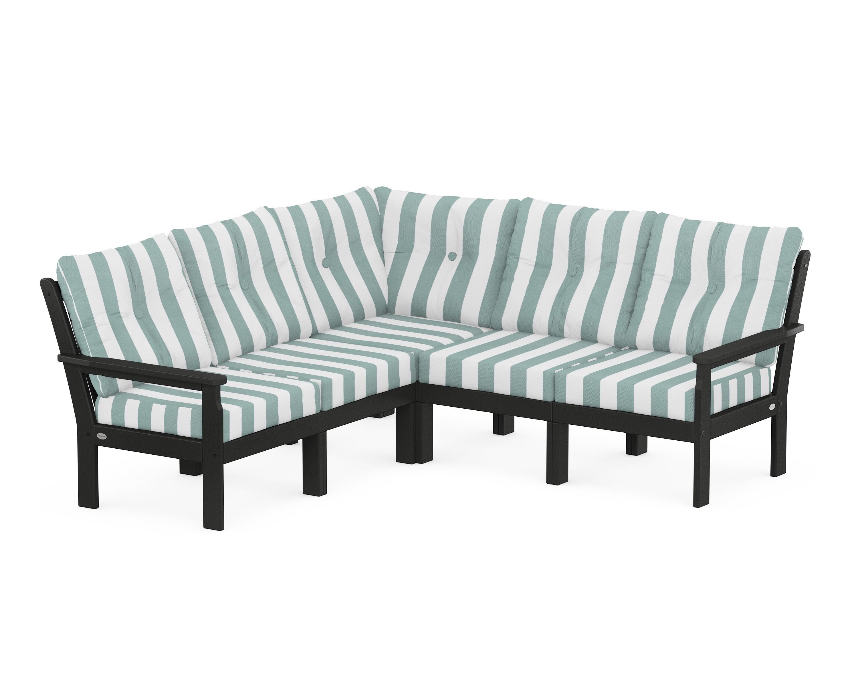 POLYWOOD® Vineyard 5-Piece Sectional in Black / Cabana Stripe Glacier Spa