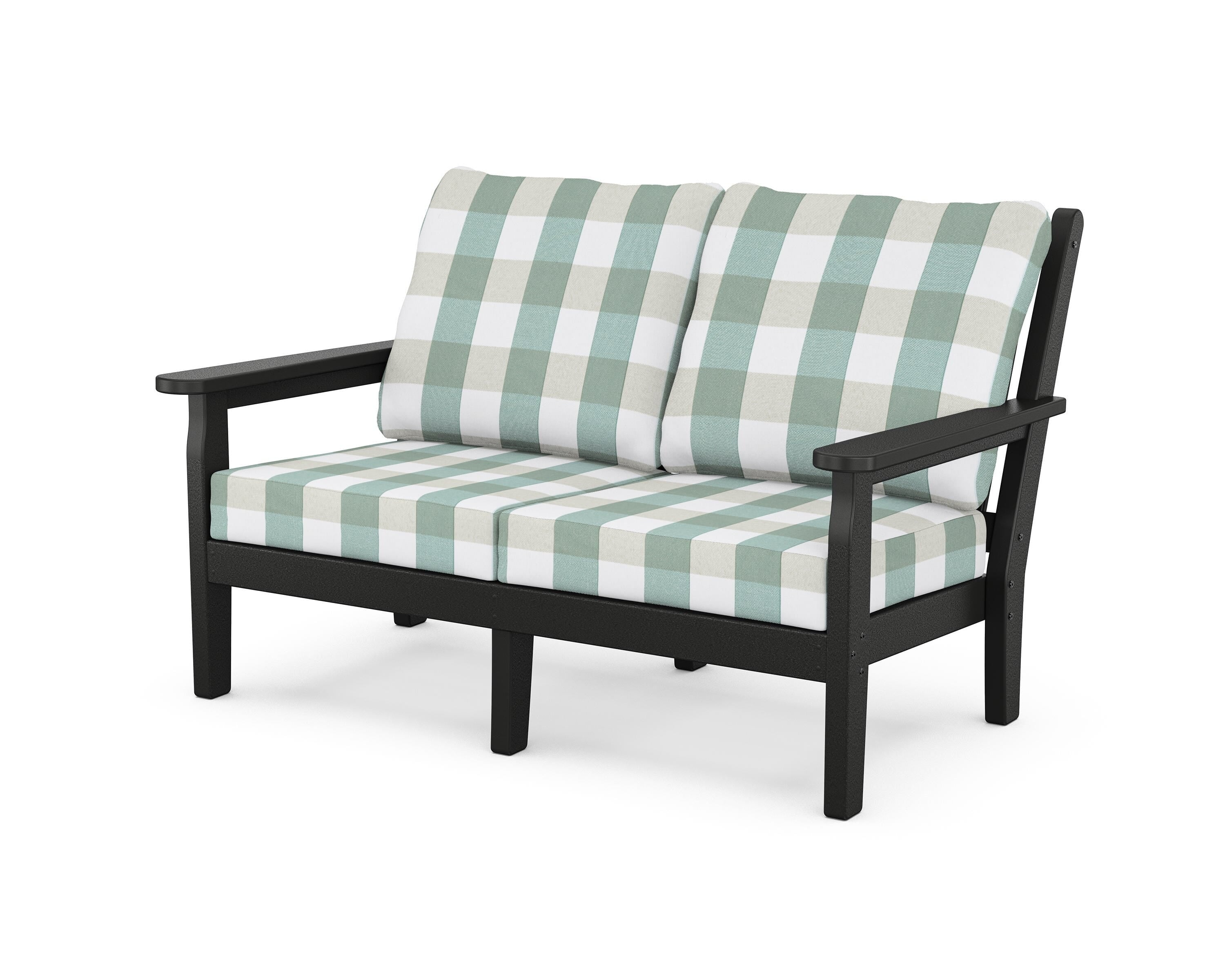 POLYWOOD® Chippendale Deep Seating Loveseat in Black / Buffalo Plaid Glacier Spa
