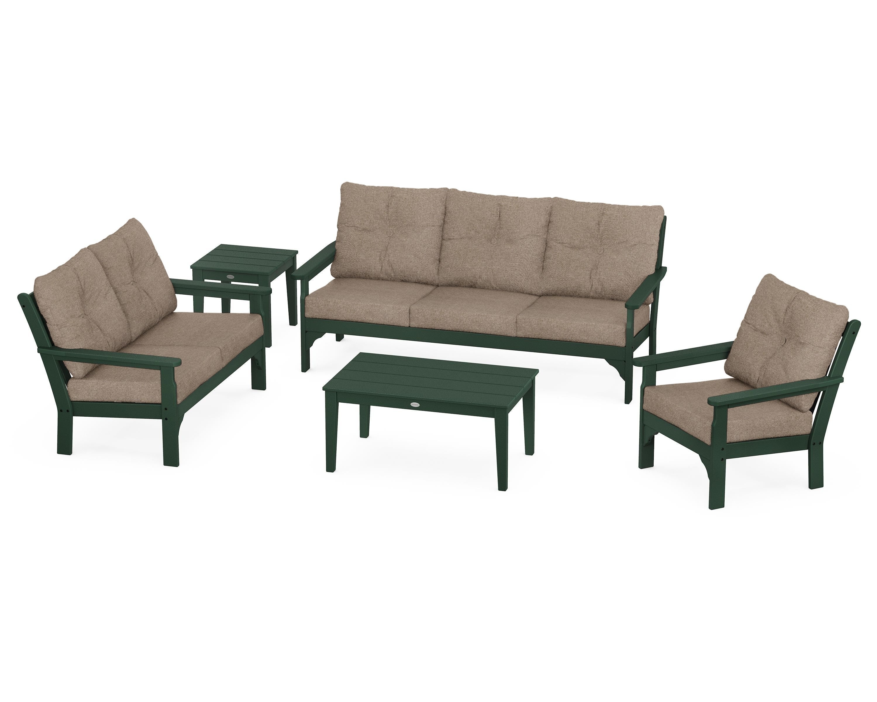 POLYWOOD® Vineyard 5 Piece Deep Seating Set in Green / Spiced Burlap