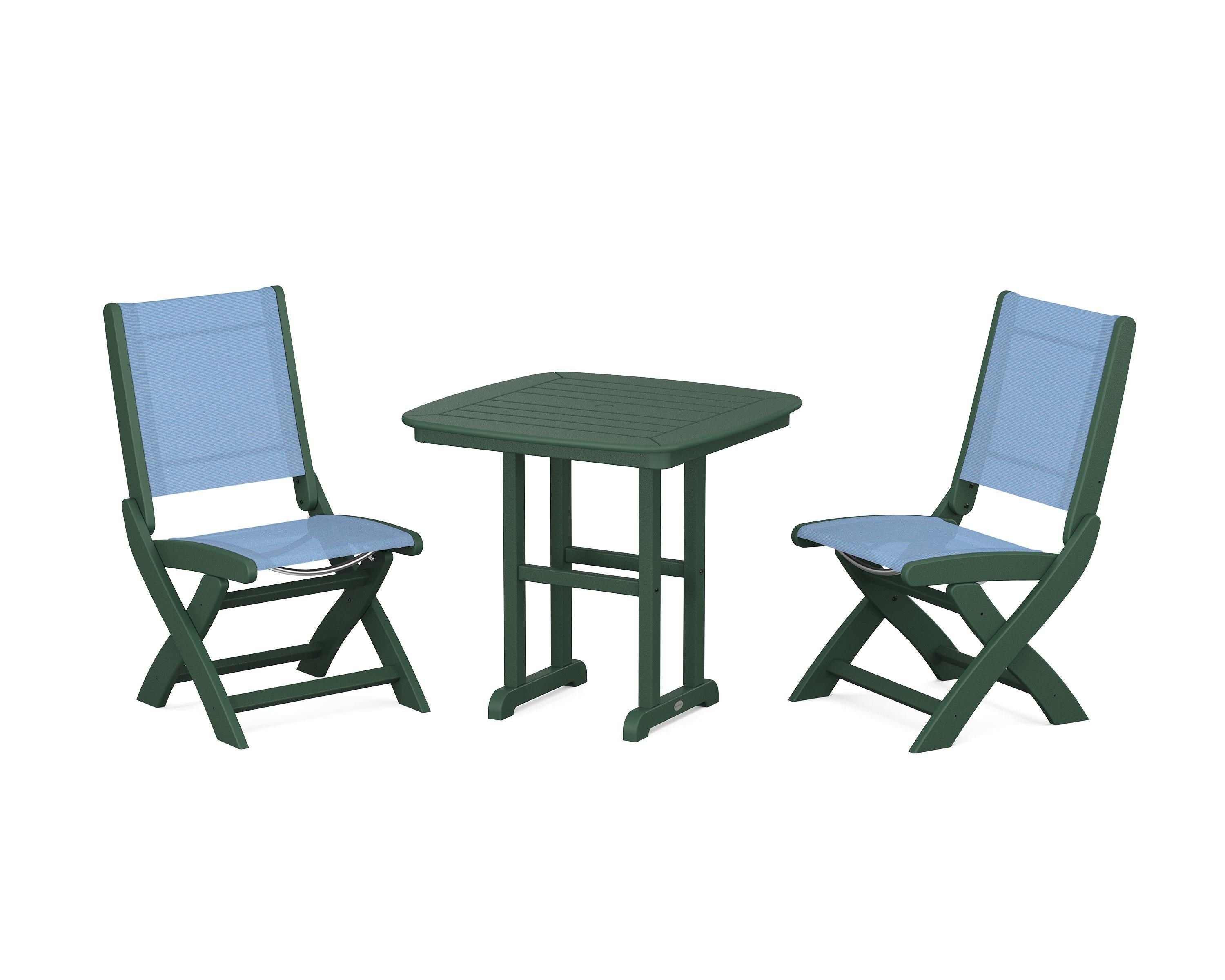 POLYWOOD® Coastal Folding Side Chair 3-Piece Dining Set in Green / Poolside Sling