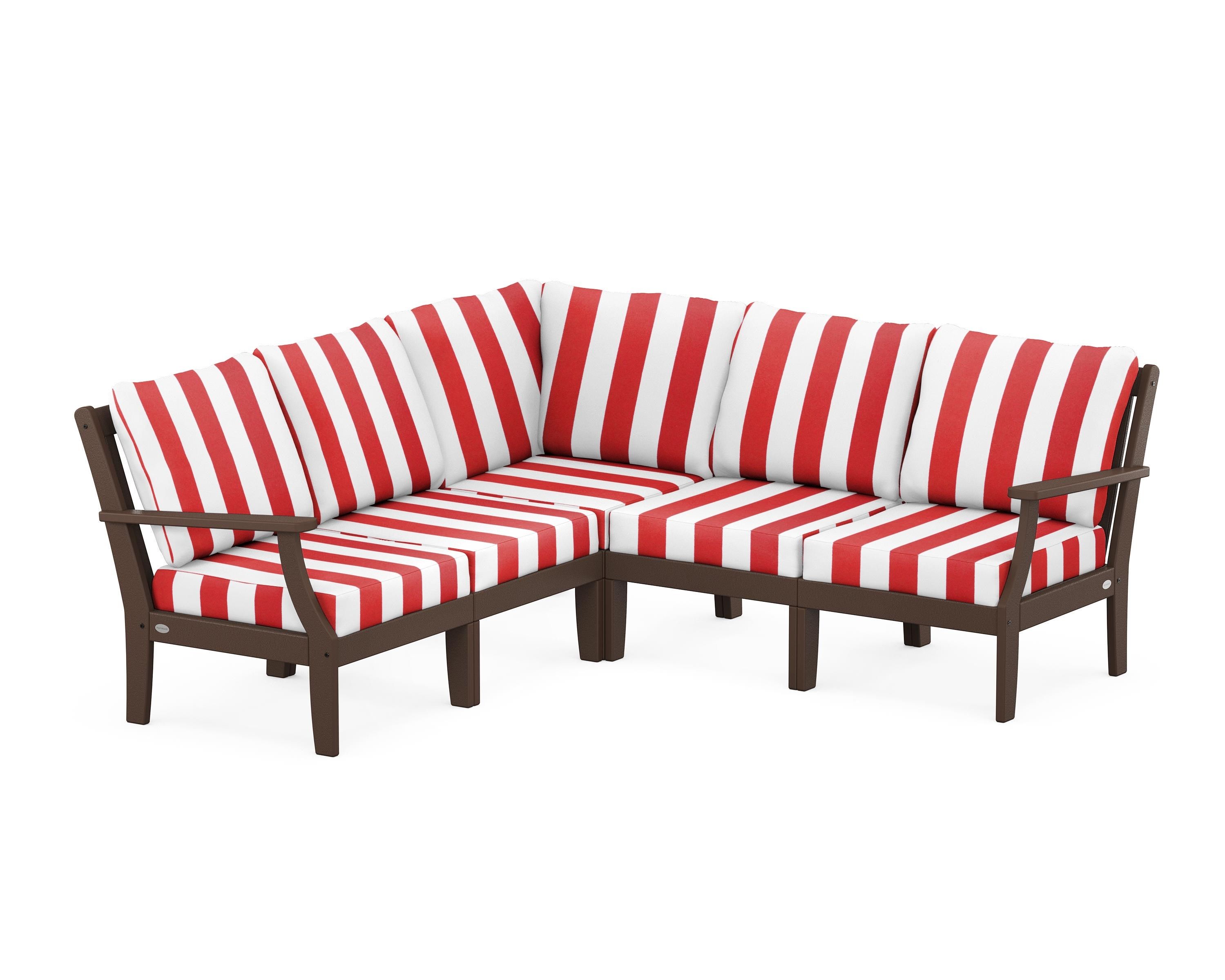 POLYWOOD® Braxton Modular 5-Piece Deep Seating Set in Mahogany / Cabana Stripe Crimson
