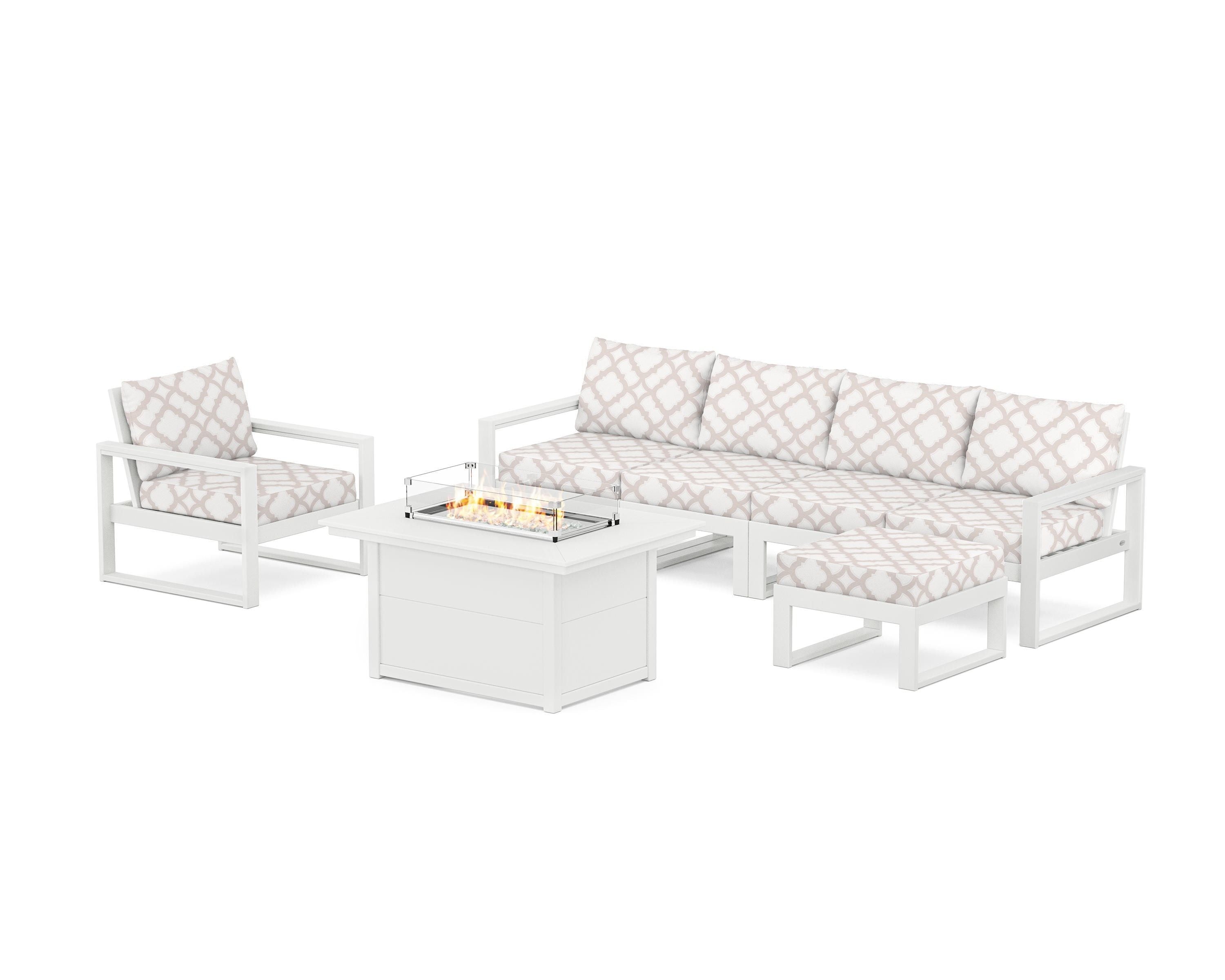 POLYWOOD® EDGE Sectional Lounge and Fire Pit Set in White / Trellis Dune Burlap