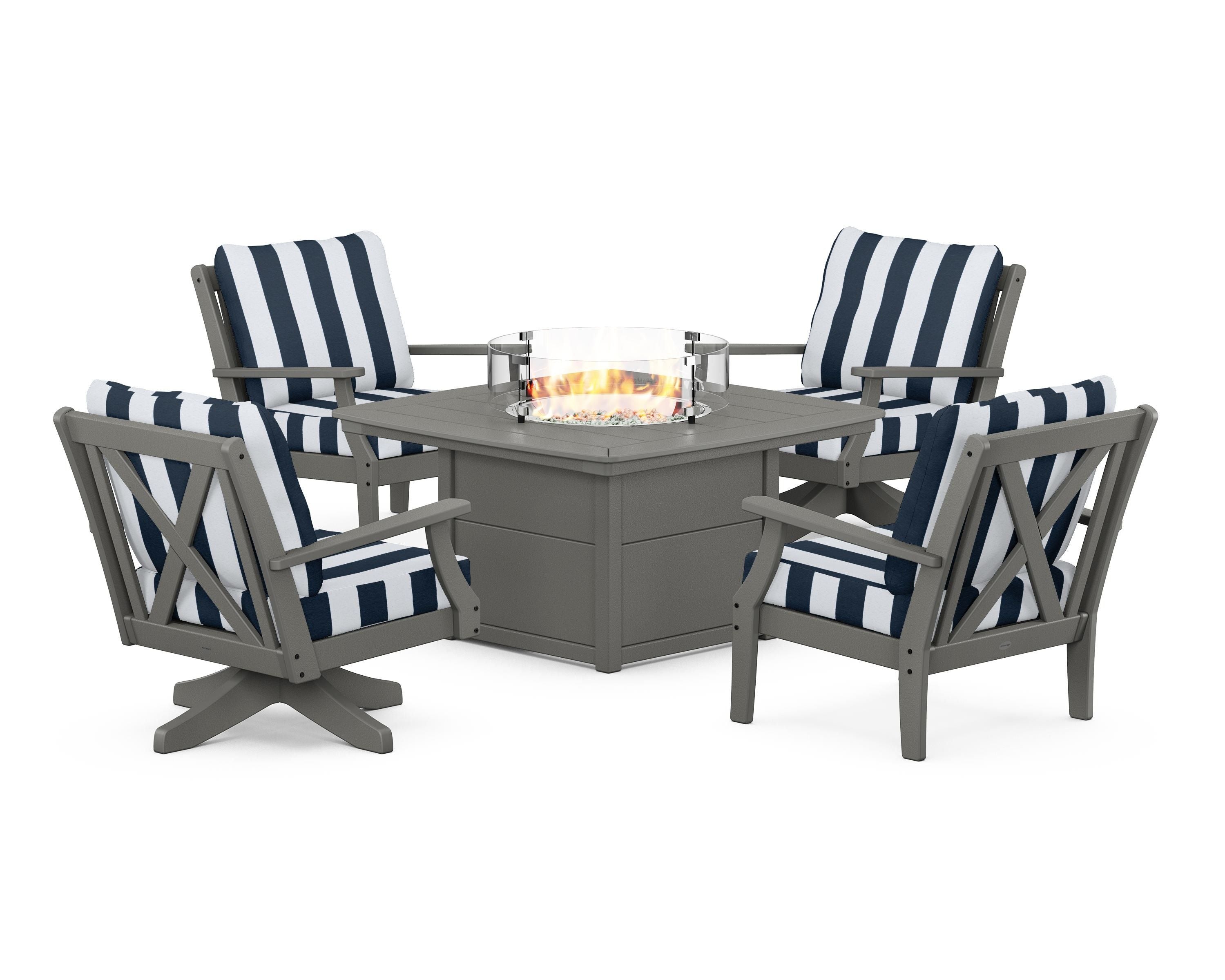 POLYWOOD® Braxton 5-Piece Deep Seating Set with Fire Table in Slate Grey / Cabana Stripe Marine Indigo