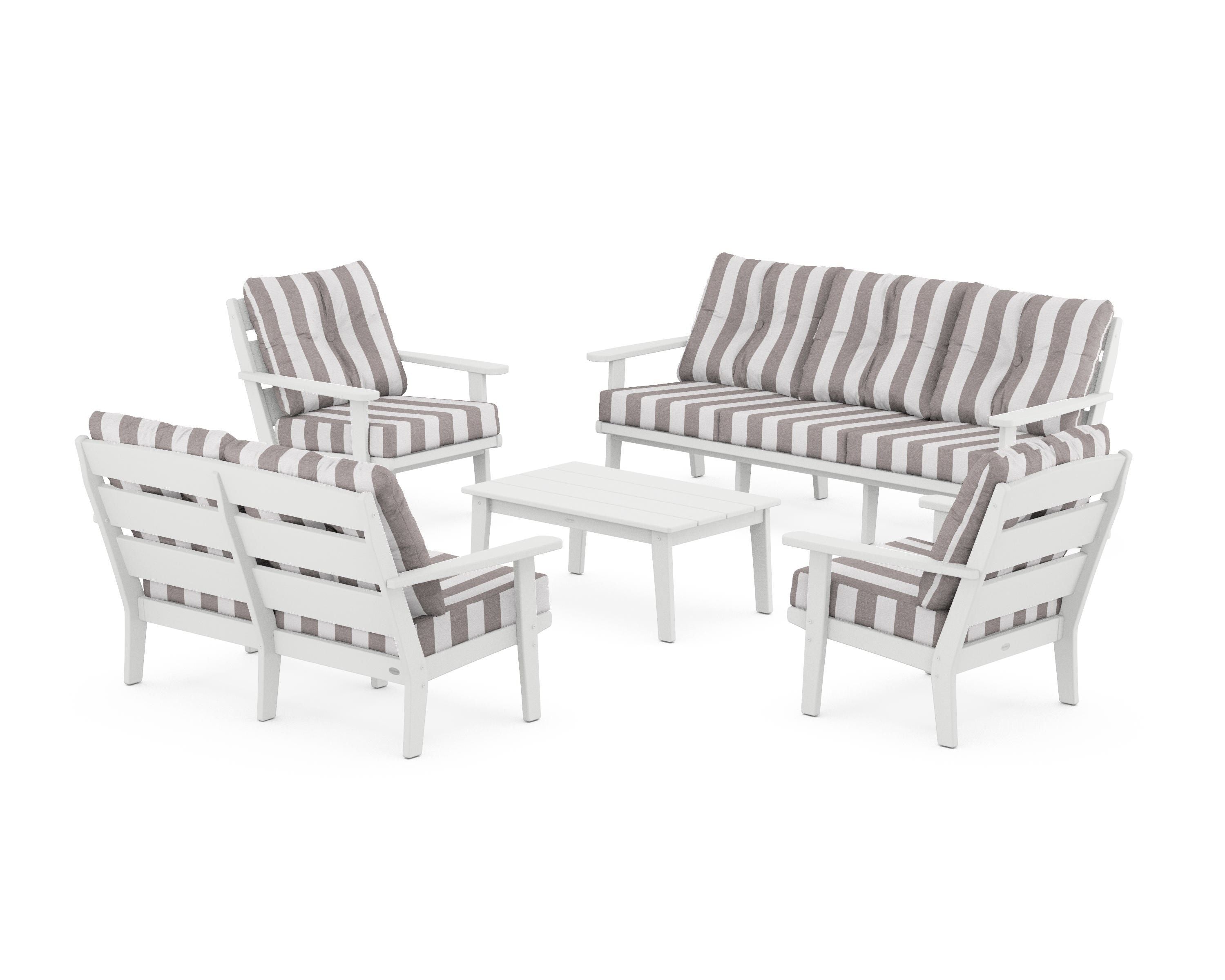 POLYWOOD® Lakeside 5-Piece Lounge Sofa Set in White / Cabana Stripe Grey Mist
