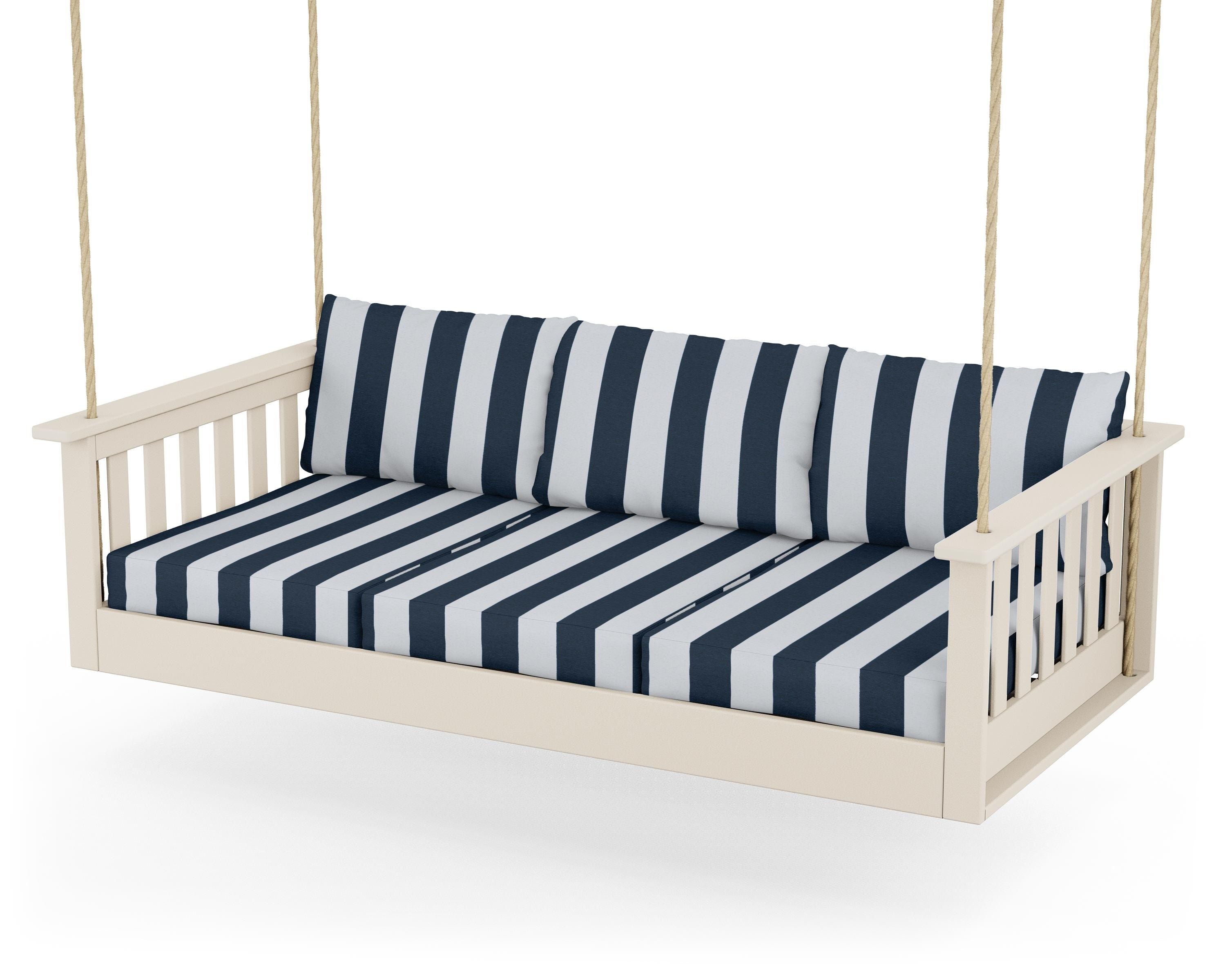 POLYWOOD® Vineyard Daybed Swing in Sand / Cabana Stripe Marine Indigo