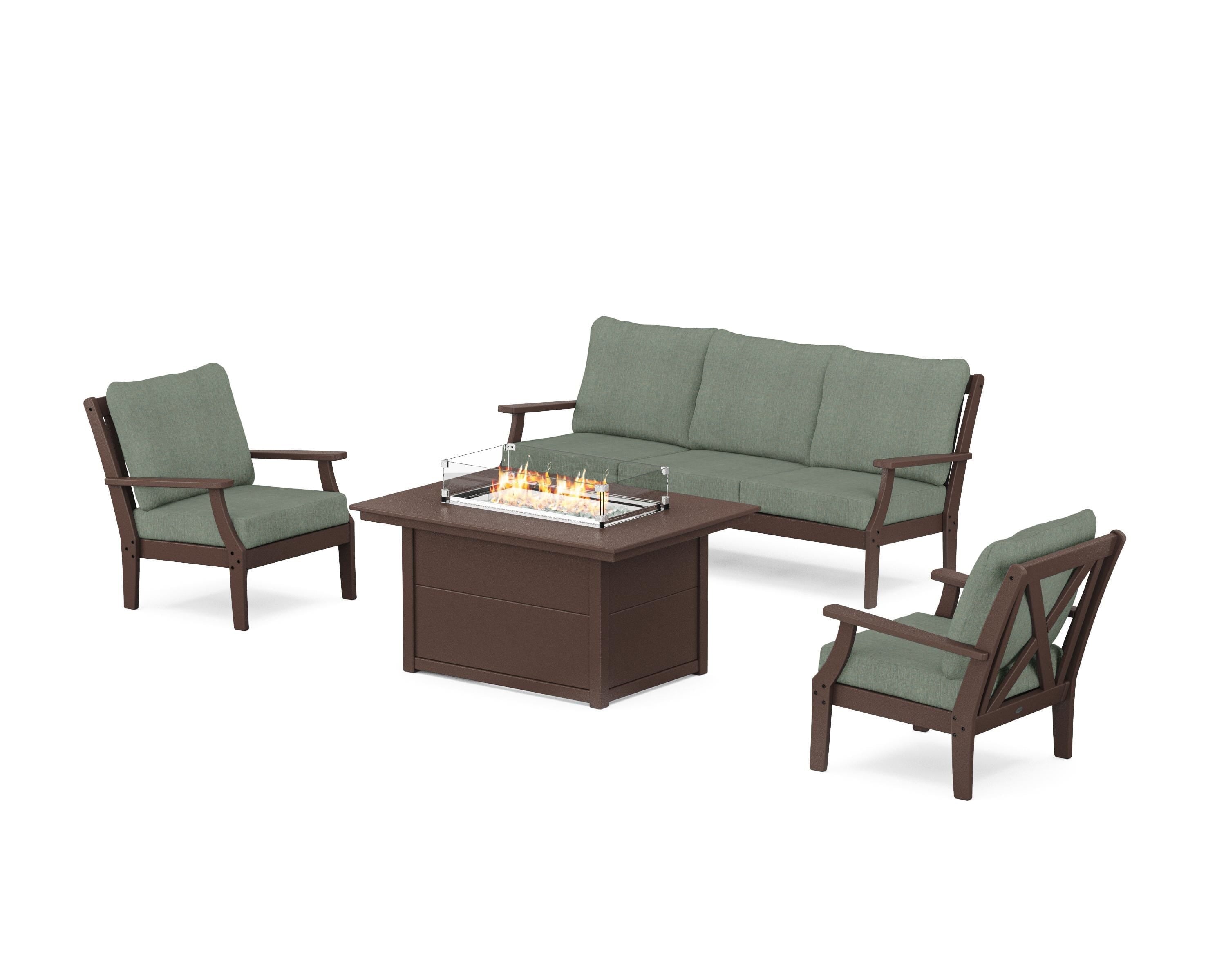 POLYWOOD® Braxton Deep Seating Fire Pit Table Set in Mahogany / Cast Sage