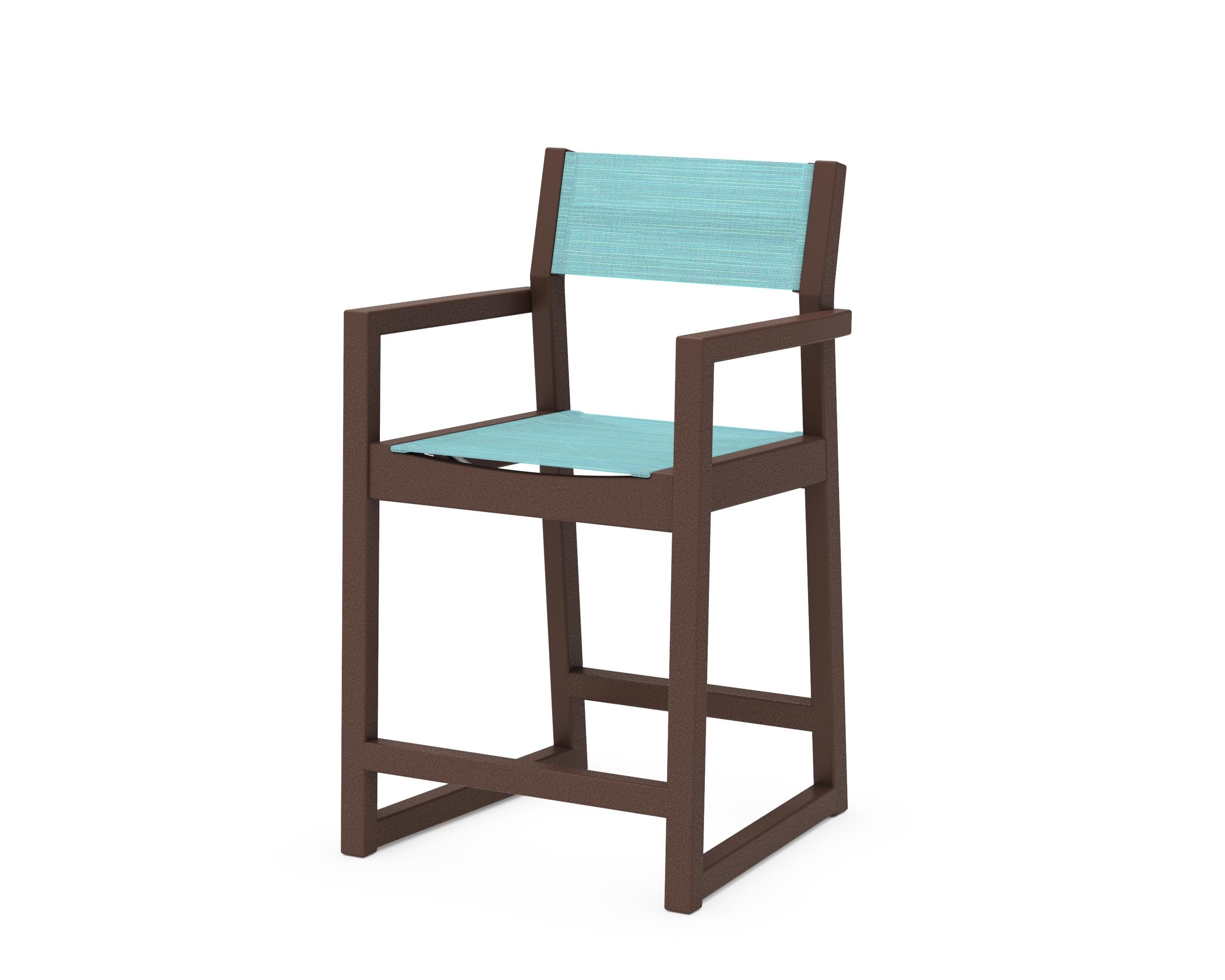 POLYWOOD® EDGE Sling Counter Arm Chair in Mahogany / Dupioni Aquamarine Sling