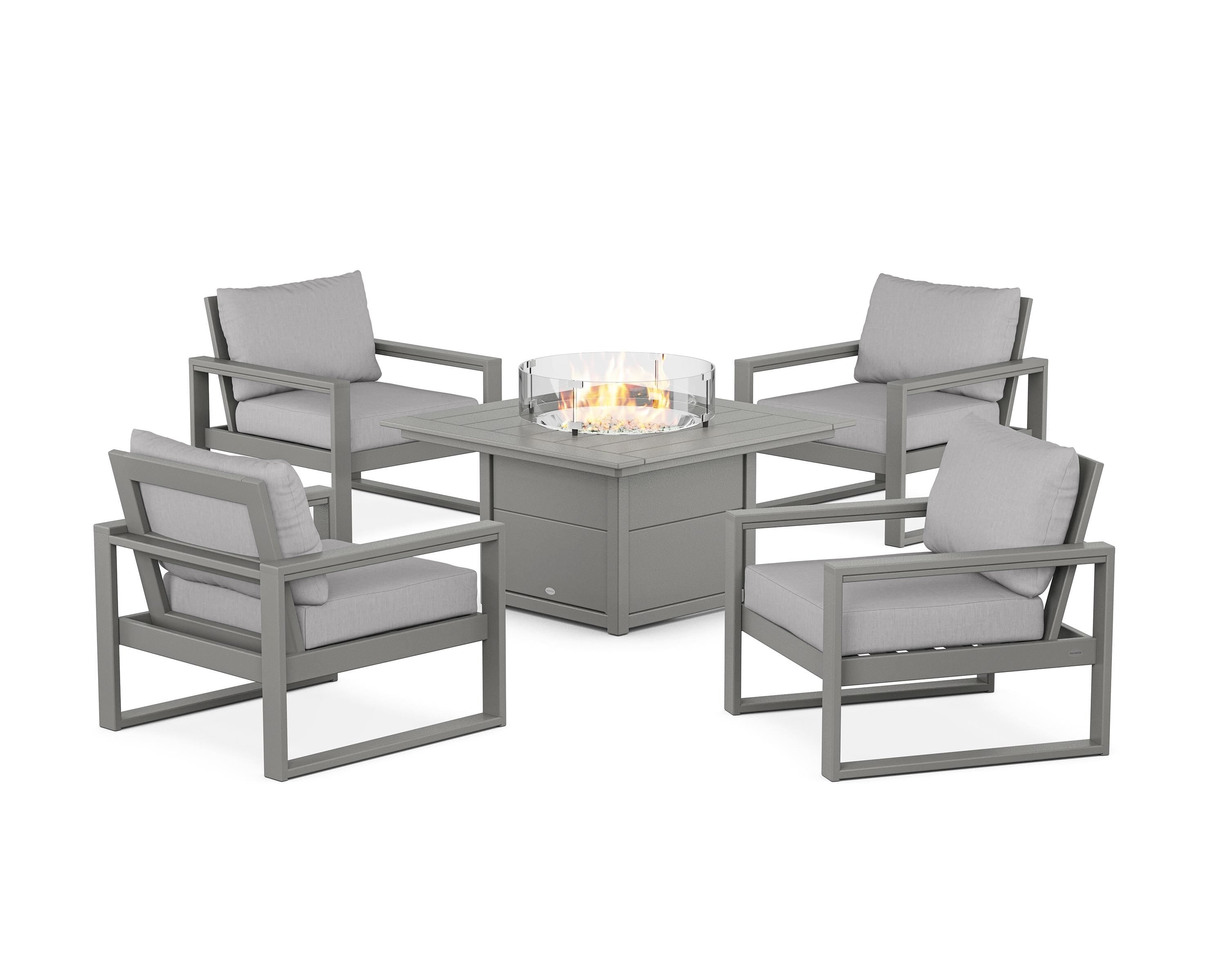 POLYWOOD® EDGE Sectional 5-Piece Deep Seating Set with Fire Pit Table in Slate Grey / Granite