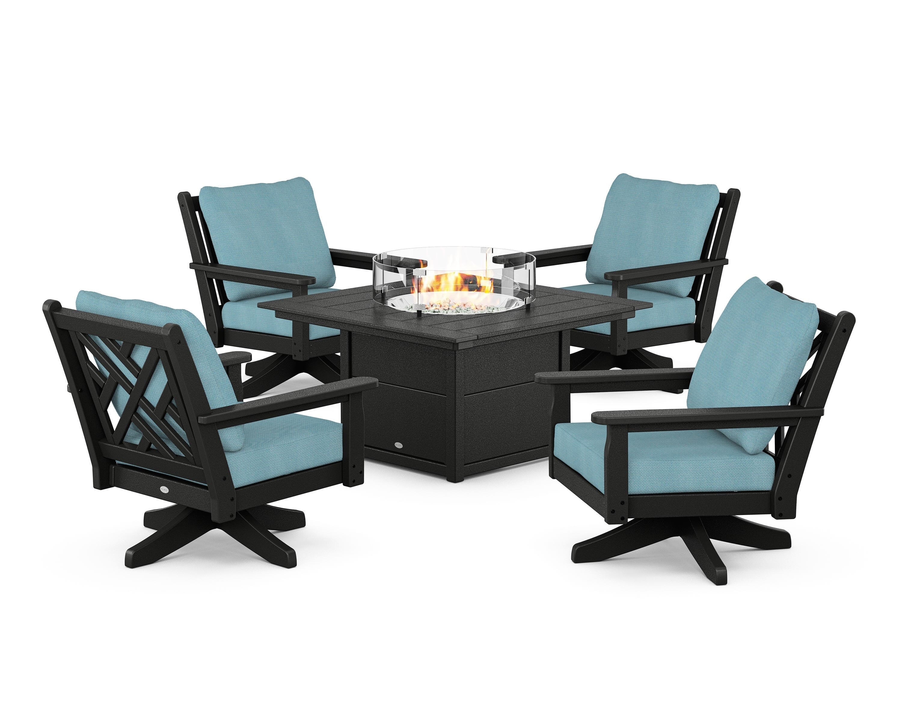 POLYWOOD® Chippendale 5-Piece Deep Seating Swivel Conversation Set with Fire Pit Table in Black / Lattice Sky Blue