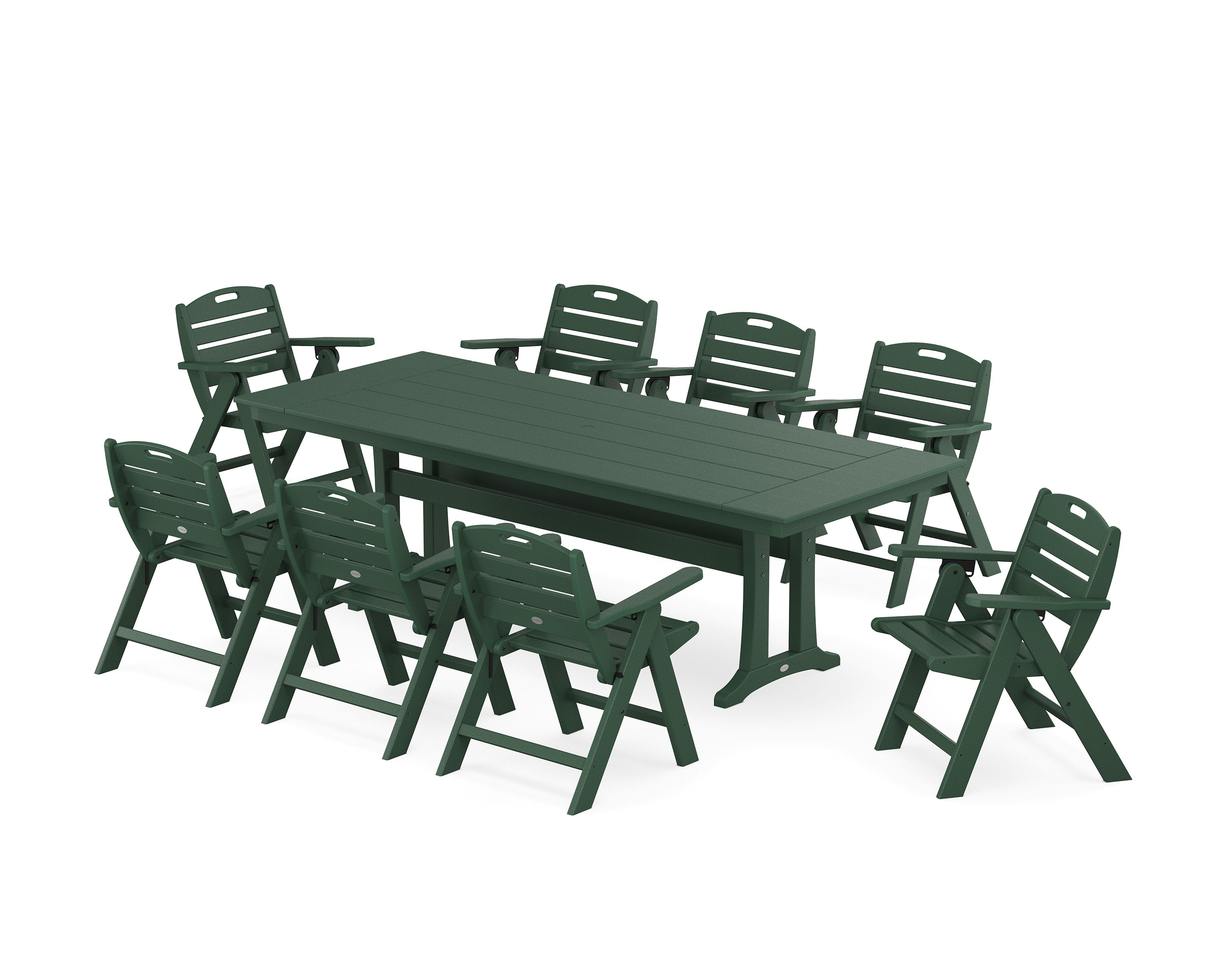 POLYWOOD® Nautical Lowback 9-Piece Farmhouse Dining Set with Trestle Legs in Green