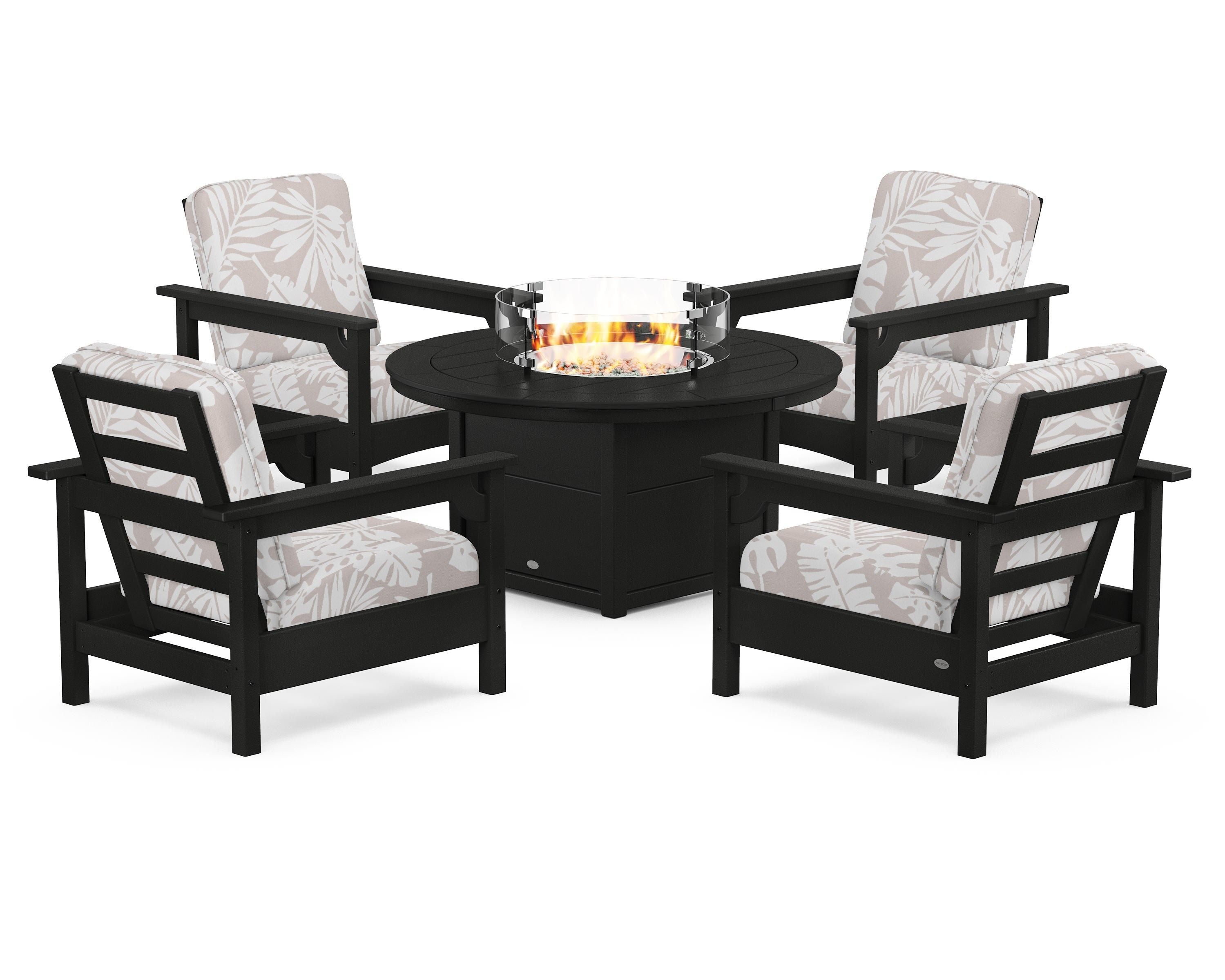 POLYWOOD® Club 5-Piece Conversation Set with Fire Pit Table in Black / Leaf Dune Burlap