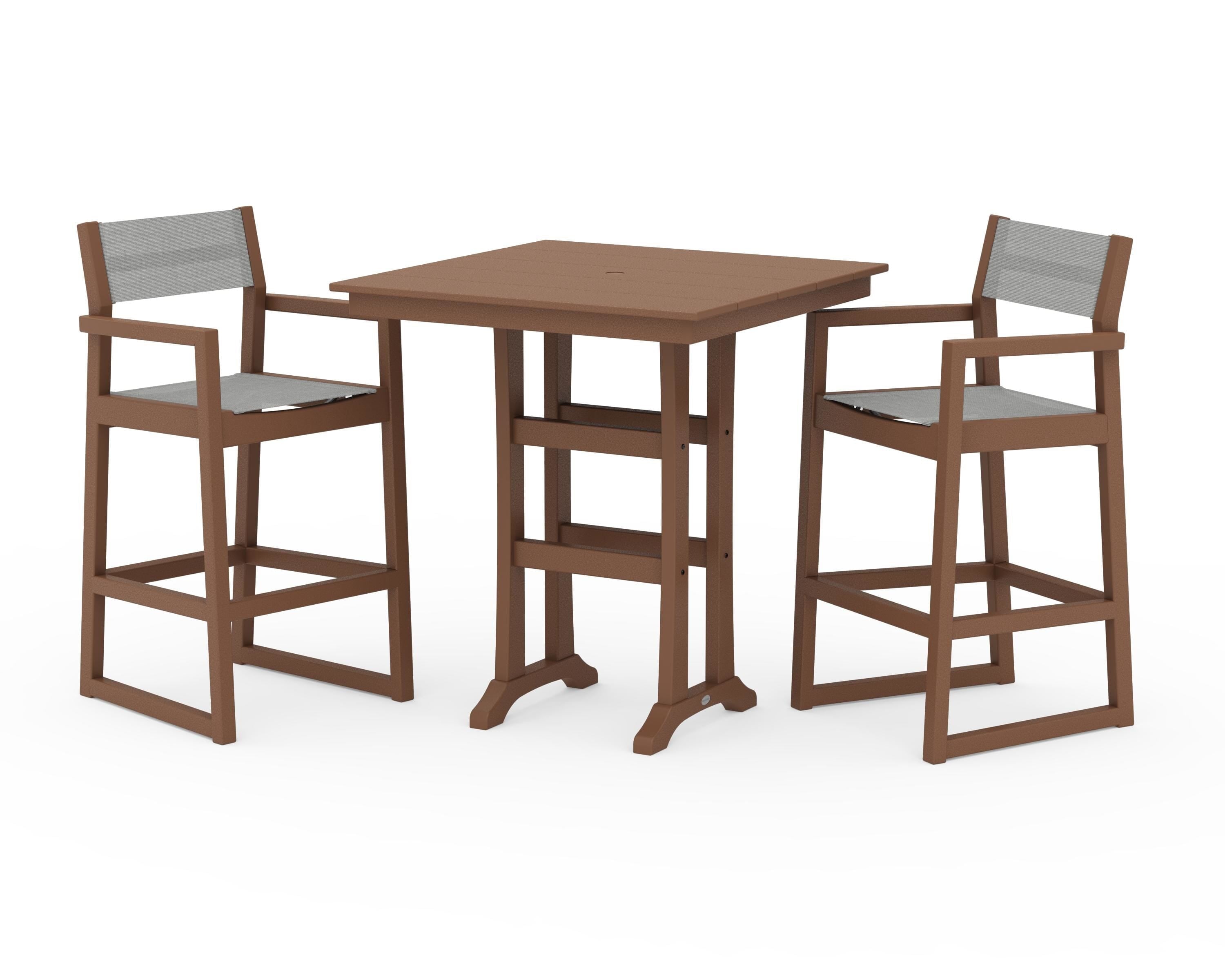 POLYWOOD® EDGE Sling Arm Chair 3-Piece Farmhouse Bar Set with Trestle Legs in Teak / Metallic Sling