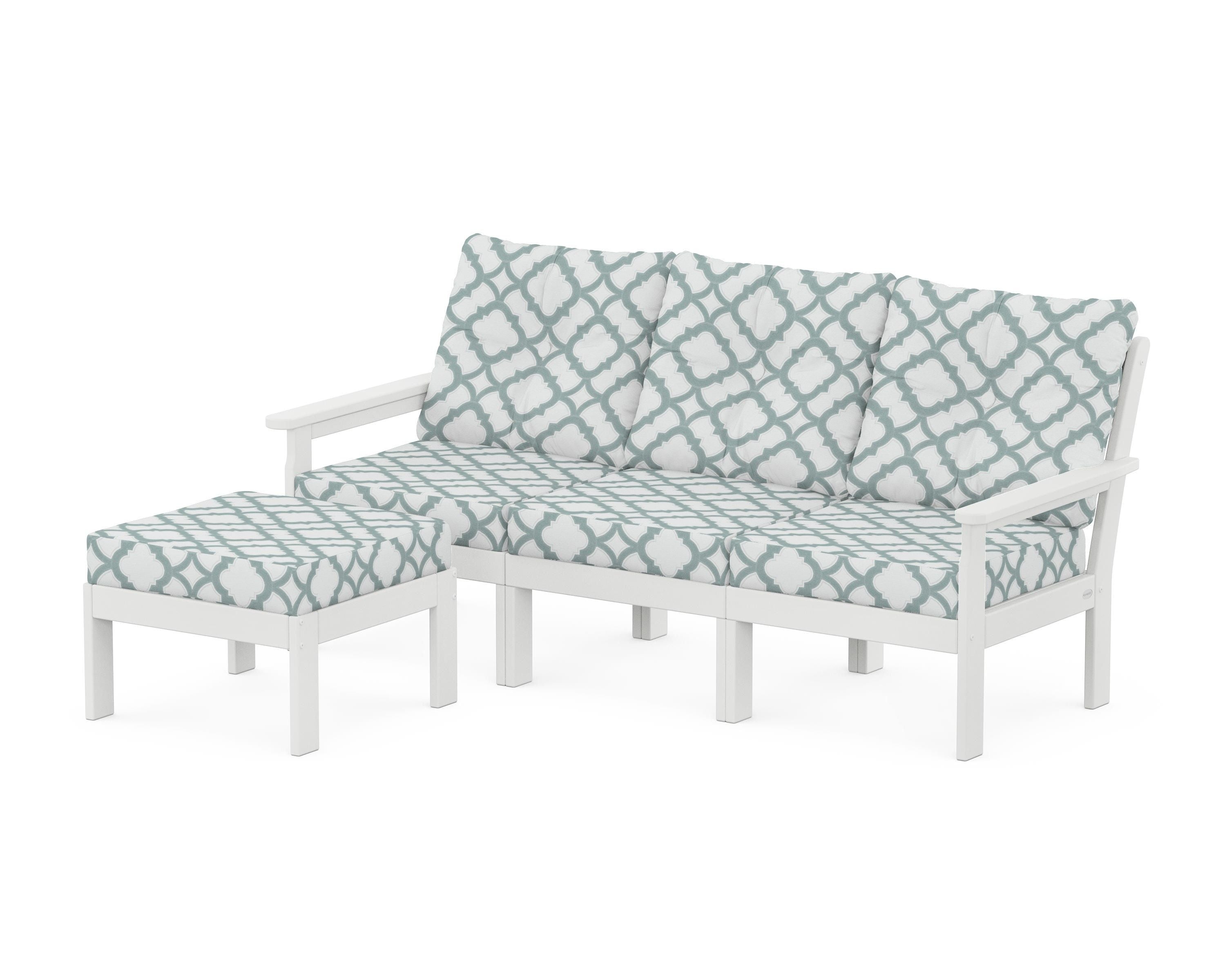 POLYWOOD® Vineyard 4-Piece Sectional with Ottoman in White / Trellis Glacier Spa