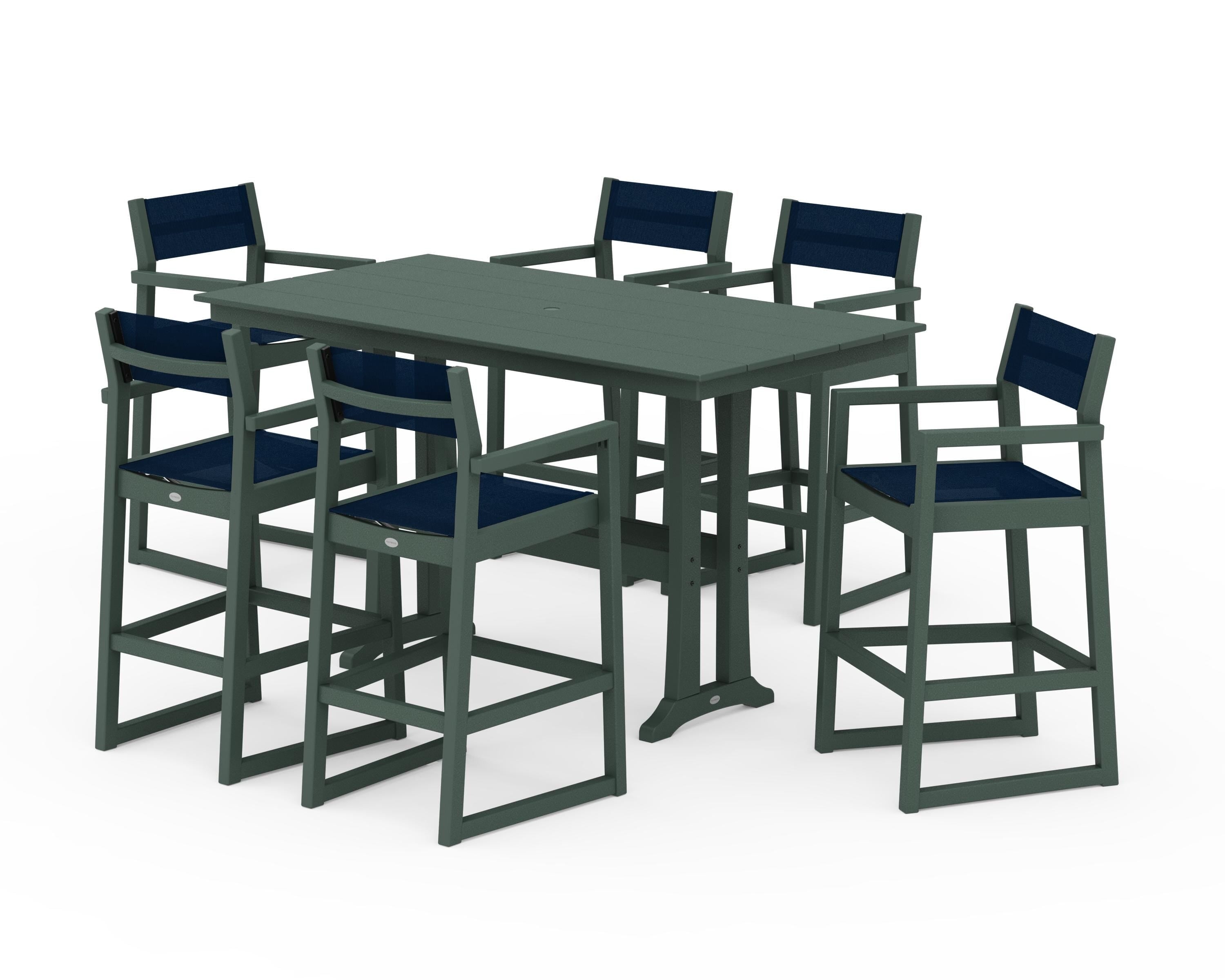 POLYWOOD® EDGE Sling Arm Chair 7-Piece Farmhouse Bar Set with Trestle Legs in Green / Navy Blue Sling