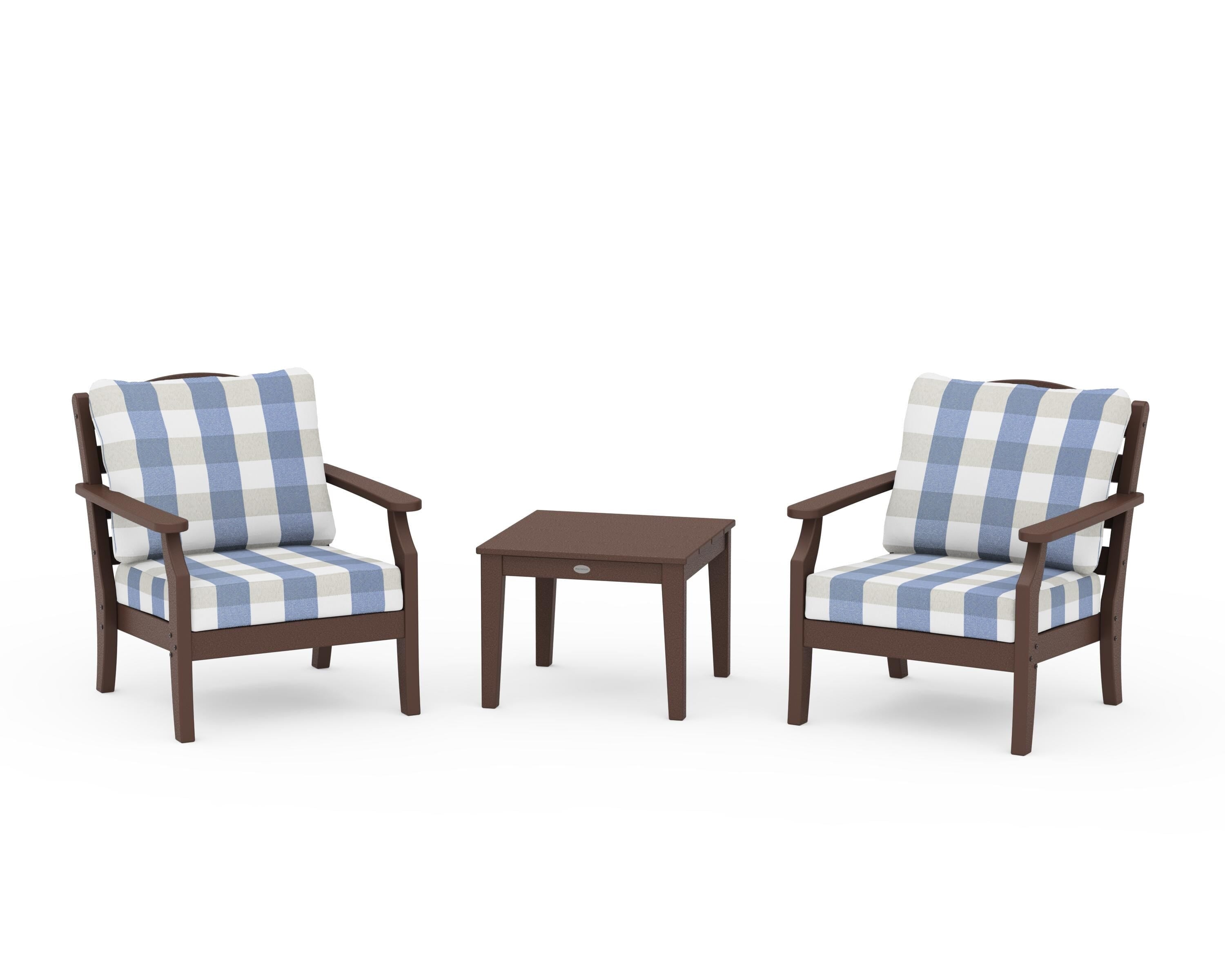 Draper James™ by POLYWOOD® Savannah 3-Piece Deep Seating Set in Mahogany / Buffalo Plaid Sky Blue