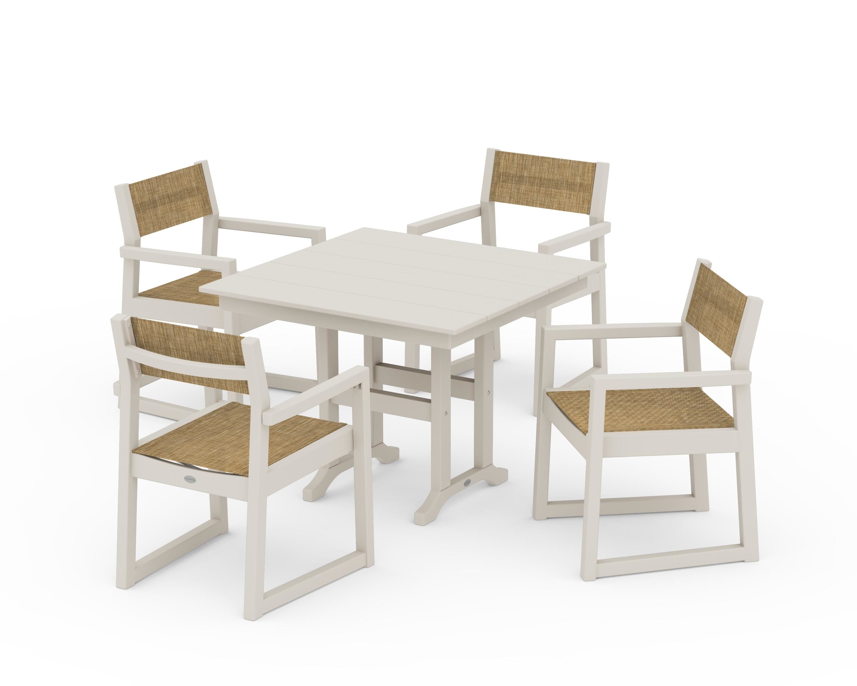 POLYWOOD® EDGE Sling Arm Chair 5-Piece Farmhouse Dining Set in Sand / Burlap Sling