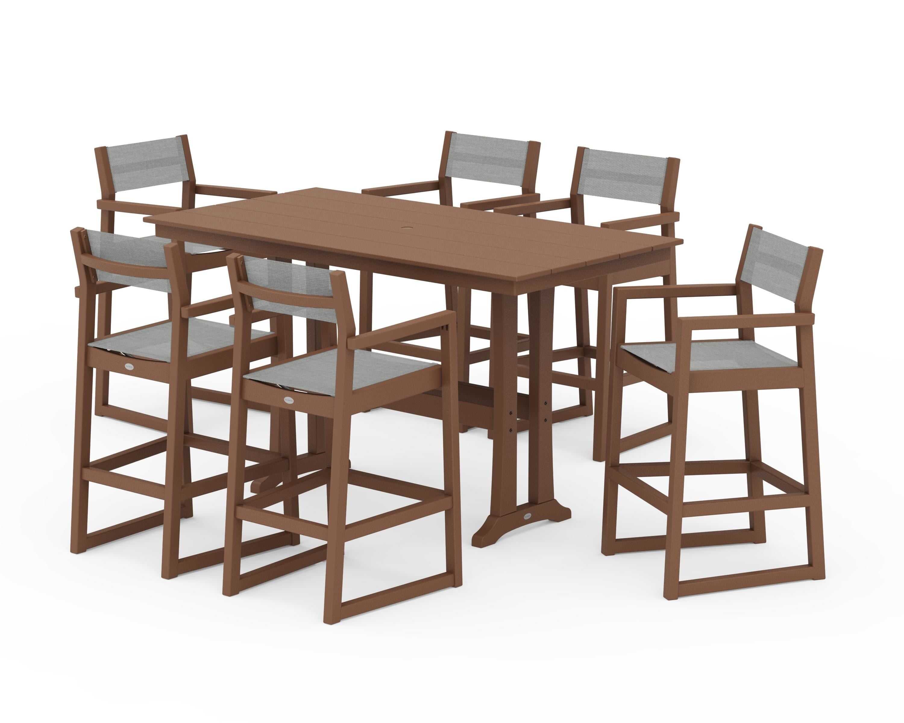 POLYWOOD® EDGE Sling Arm Chair 7-Piece Farmhouse Bar Set with Trestle Legs in Teak / Metallic Sling